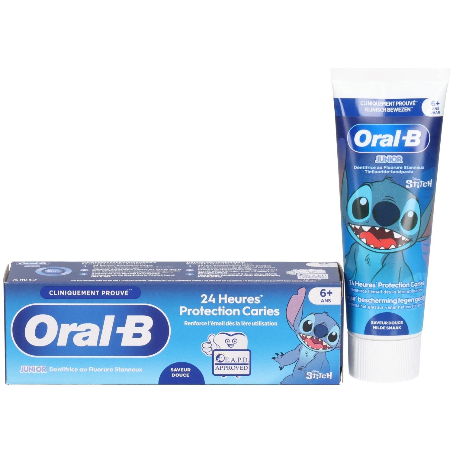 Zahnpasta-Tube und Schachtel. Oral-B Junior, Stitch-Design. Blaue Verpackung.