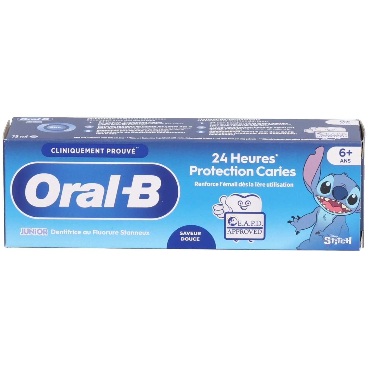 Schachtel Zahnpasta. Oral-B Junior, 6+. Blaue Verpackung mit Stitch-Design.
