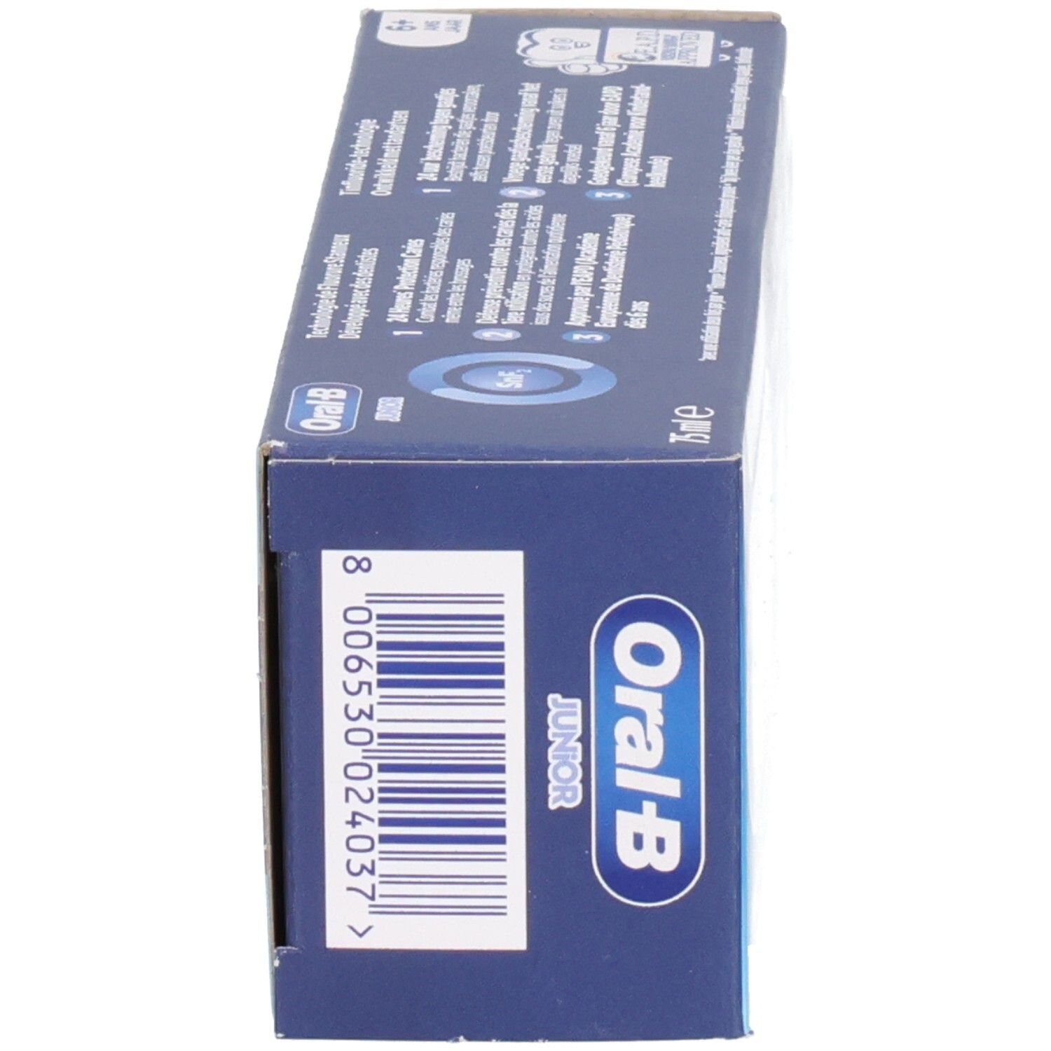 Seitenansicht der Zahnpasta-Schachtel. Oral-B Junior. Barcode.