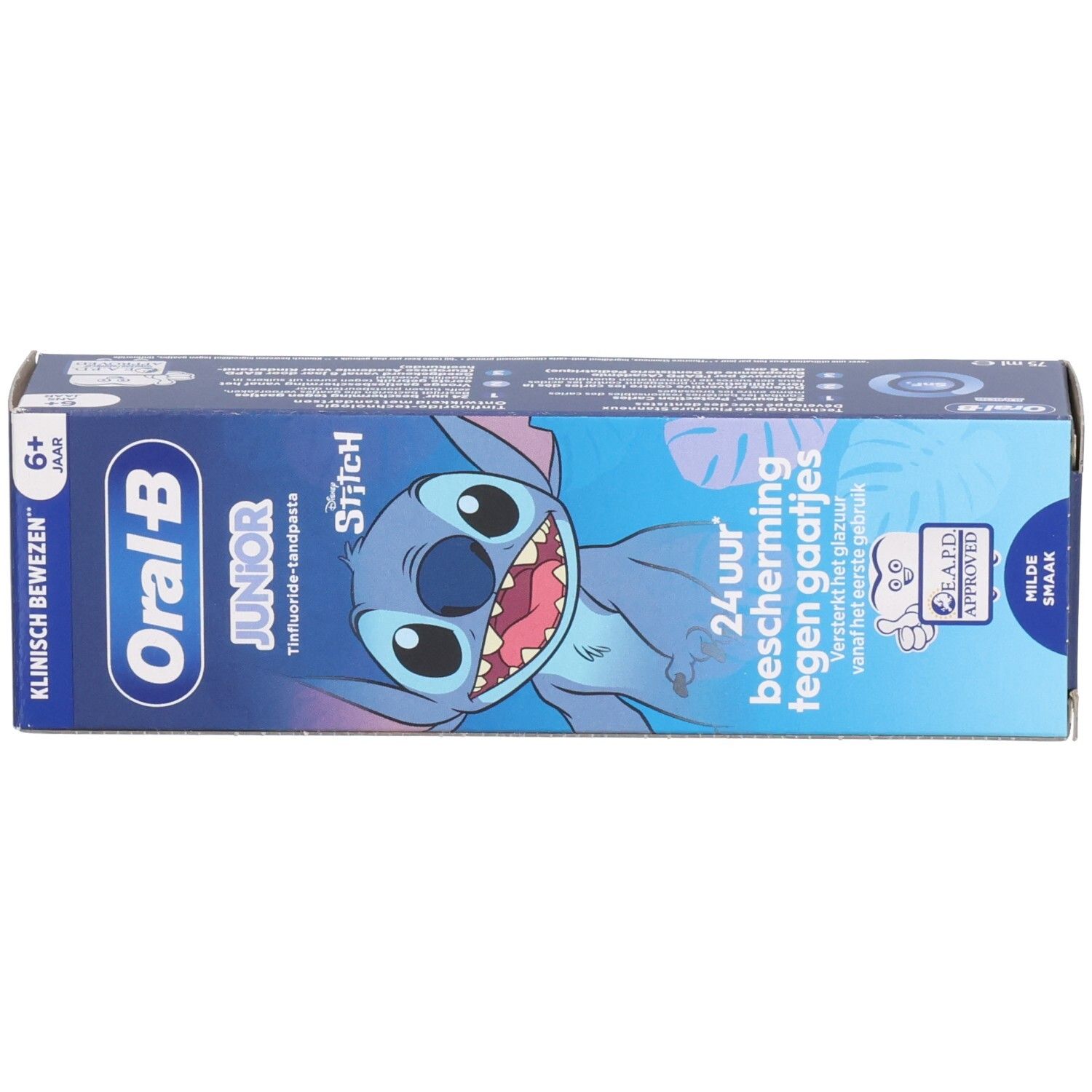 Oberseite der Zahnpasta-Schachtel. Oral-B Junior, Stitch-Design. Blaue Verpackung.