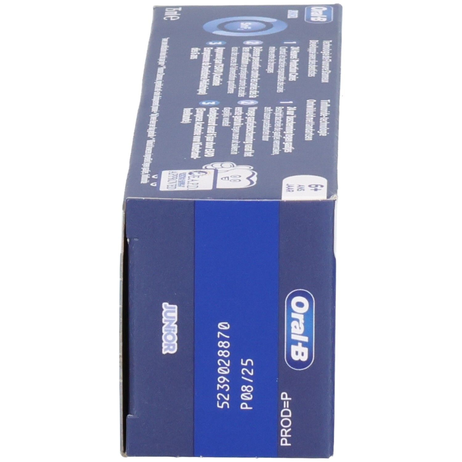Seitenansicht der Zahnpasta-Schachtel. Oral-B Junior. Produktinformationen.