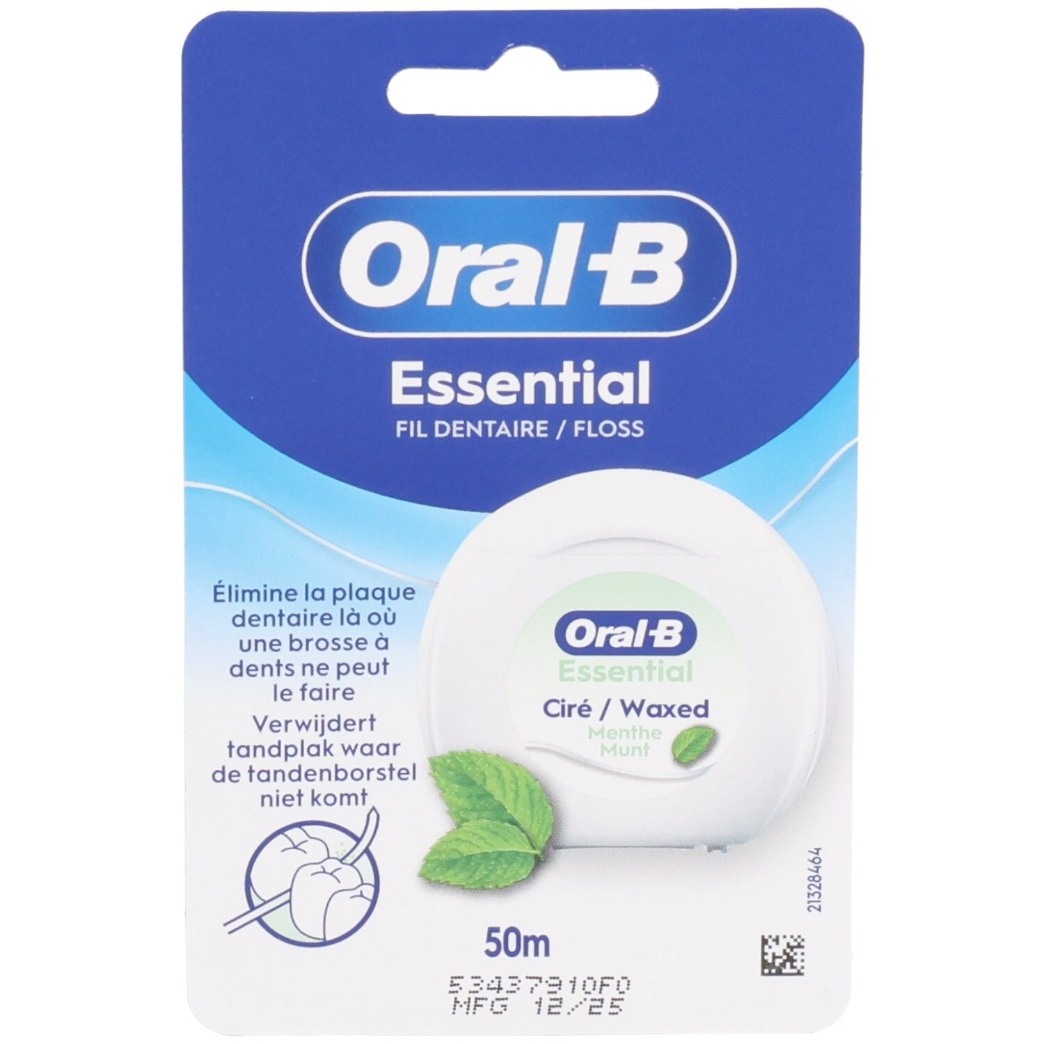 Zahnseide-Spender von Oral-B Essential. Weiße Spule mit grünem Logo und Minzblatt-Illustration. Blaue Verpackung mit Produktnamen und Text.