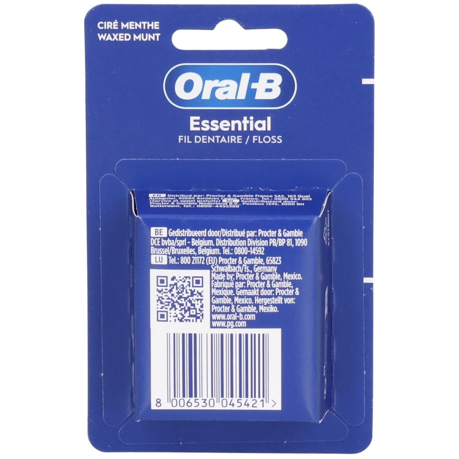 Rückseite der Oral-B Essential Zahnseide-Verpackung. Blaue Verpackung mit Text und Barcode. Herstellerinformationen und QR-Code.