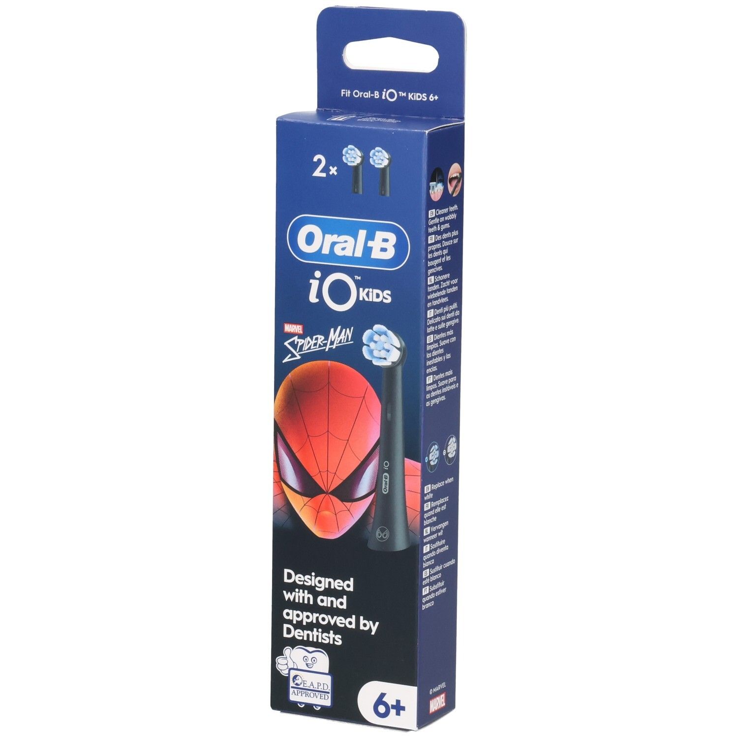 Oral-B iO Kids 6+ Marvel Spiderman Refill. Verpackung mit 2 Aufsteckbürsten. Spiderman-Design. 6+ Altersangabe.