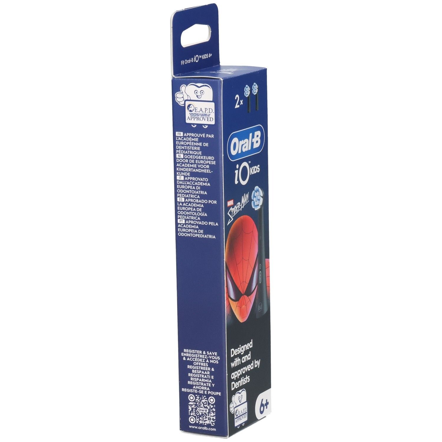 Oral-B iO Kids 6+ Marvel Spiderman Refill-Verpackung. Seitenansicht. Blaue Verpackung mit Text und Logo. Spiderman-Design.