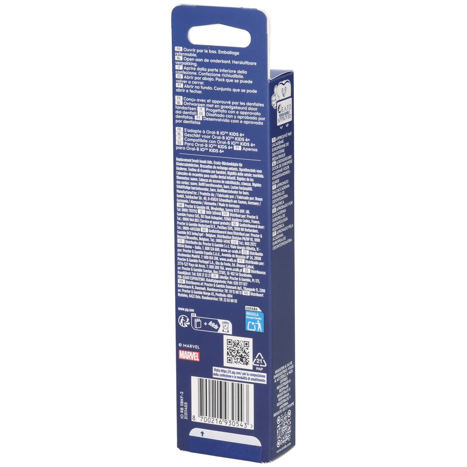 Rückseite der Oral-B iO Kids 6+ Marvel Spiderman Refill-Verpackung. Blaue Verpackung mit Text. Barcode und Logos.