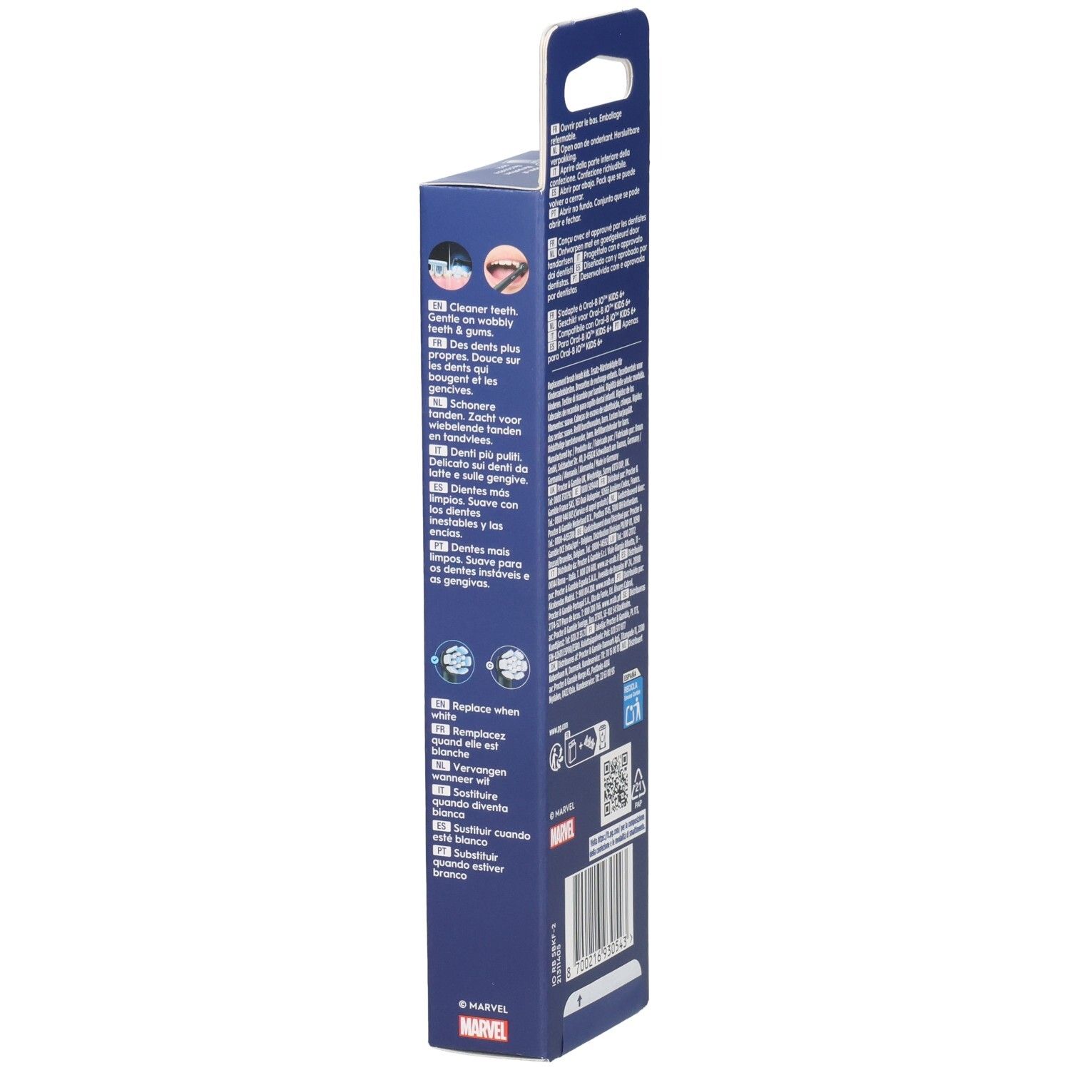 Seite der Oral-B iO Kids 6+ Marvel Spiderman Refill-Verpackung. Blaue Verpackung mit Text. Logos und Icons.