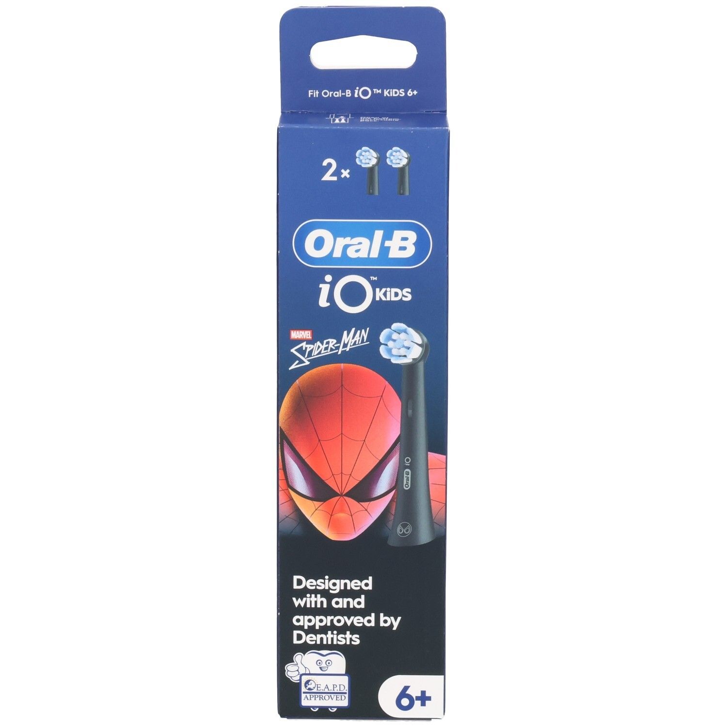 Oral-B iO Kids 6+ Marvel Spiderman Refill. Verpackung mit 2 Aufsteckbürsten. Spiderman-Design. 6+ Altersangabe.