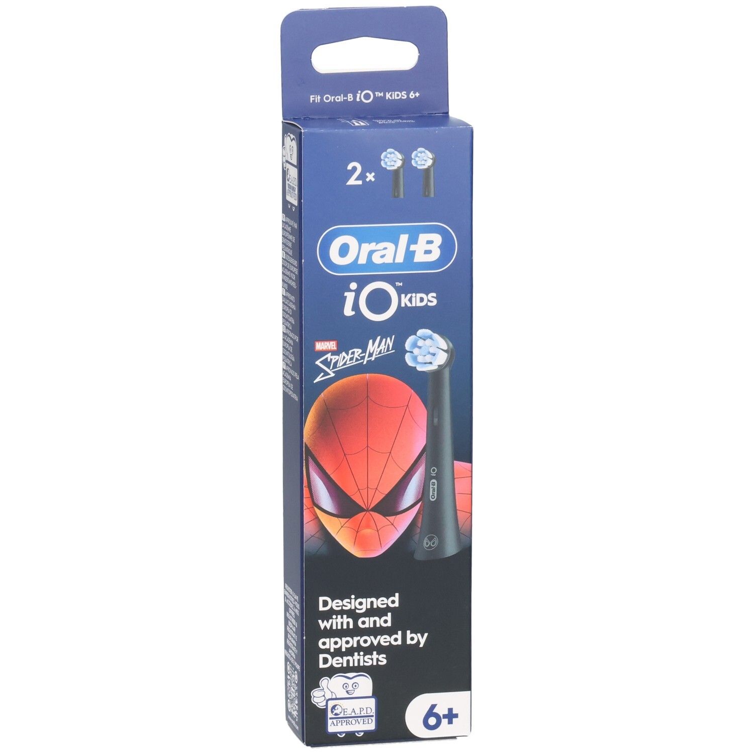 Oral-B iO Kids 6+ Marvel Spiderman Refill. Verpackung mit 2 Aufsteckbürsten. Spiderman-Design. 6+ Altersangabe.