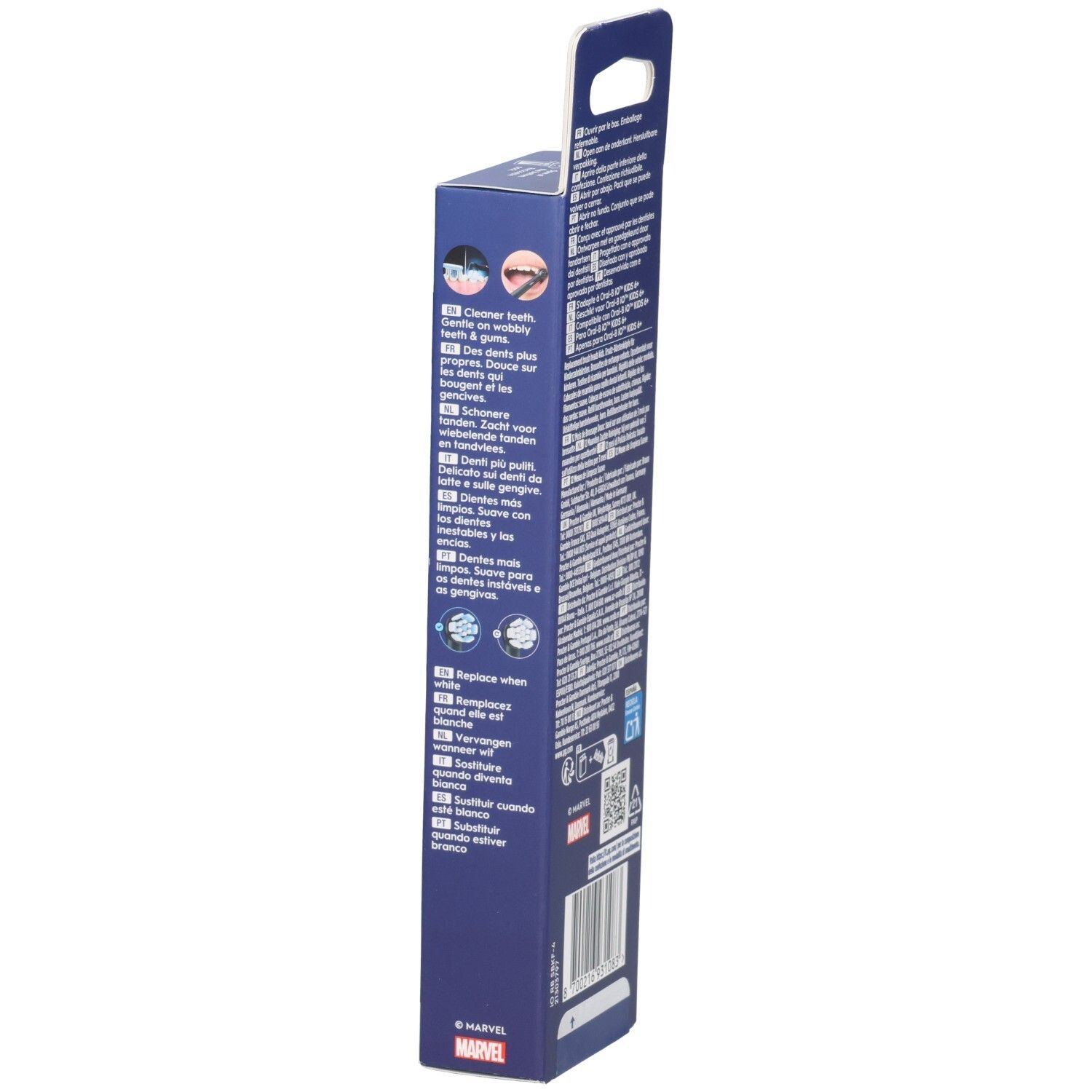 Vue latérale du paquet de brossettes Oral-B iO Kids Spiderman. Avec texte et logos. Contient des informations.