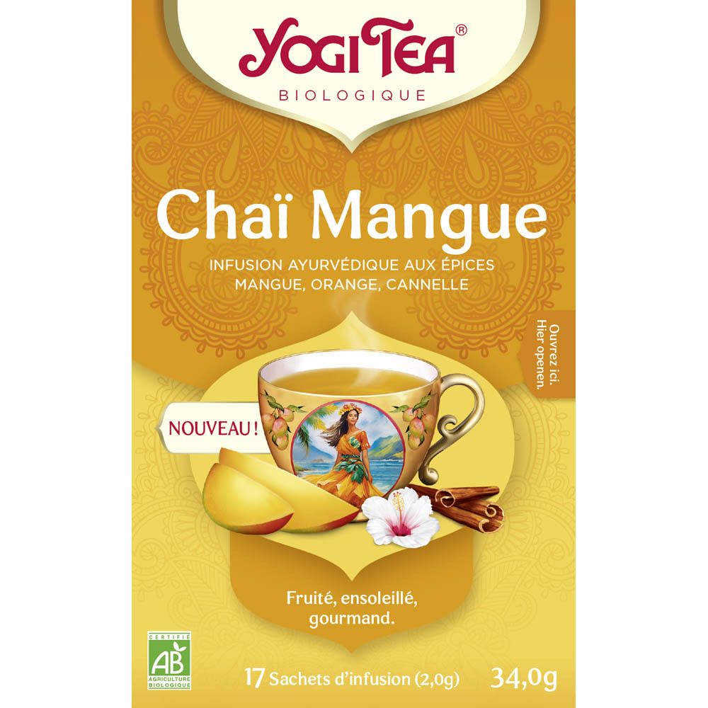 Boîte de thé Yogi Tea Chai Mangue Bio. Contient 17 sachets. Saveurs mangue, orange et cannelle. Certification AB Bio.