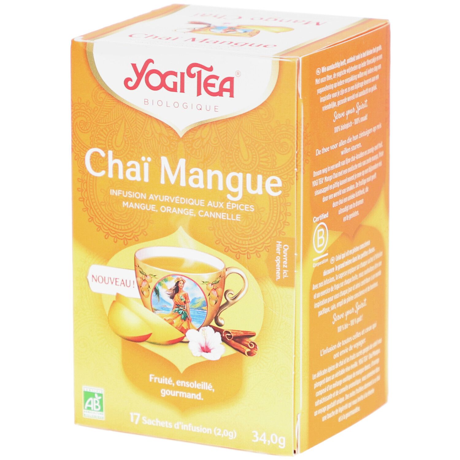 Yogi Tee Chai Mangue Bio-Verpackung. Enthält 17 Teebeutel. Mit Mango, Orange und Zimt. AB-Bio-Zertifizierung.