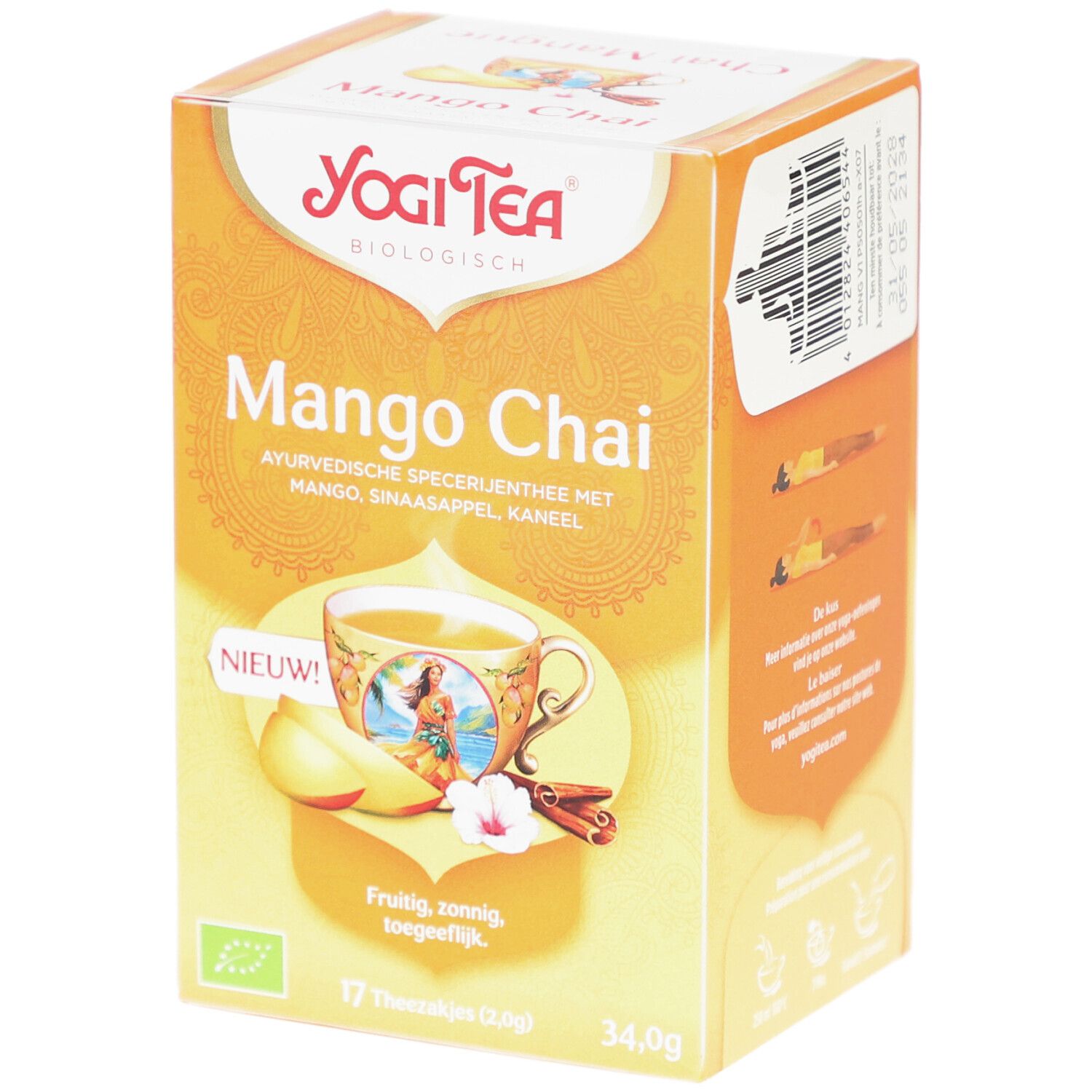Yogi Tee Mango Chai Bio-Verpackung. Enthält 17 Teebeutel. Mit Mango, Orange und Zimt. AB-Bio-Zertifizierung.
