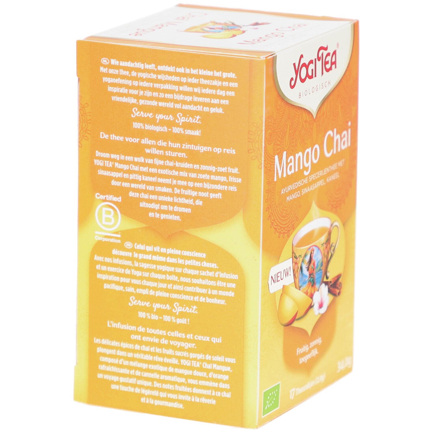Rückseite der Yogi Tee Mango Chai Bio-Verpackung. Text über die Inhaltsstoffe und die Marke.