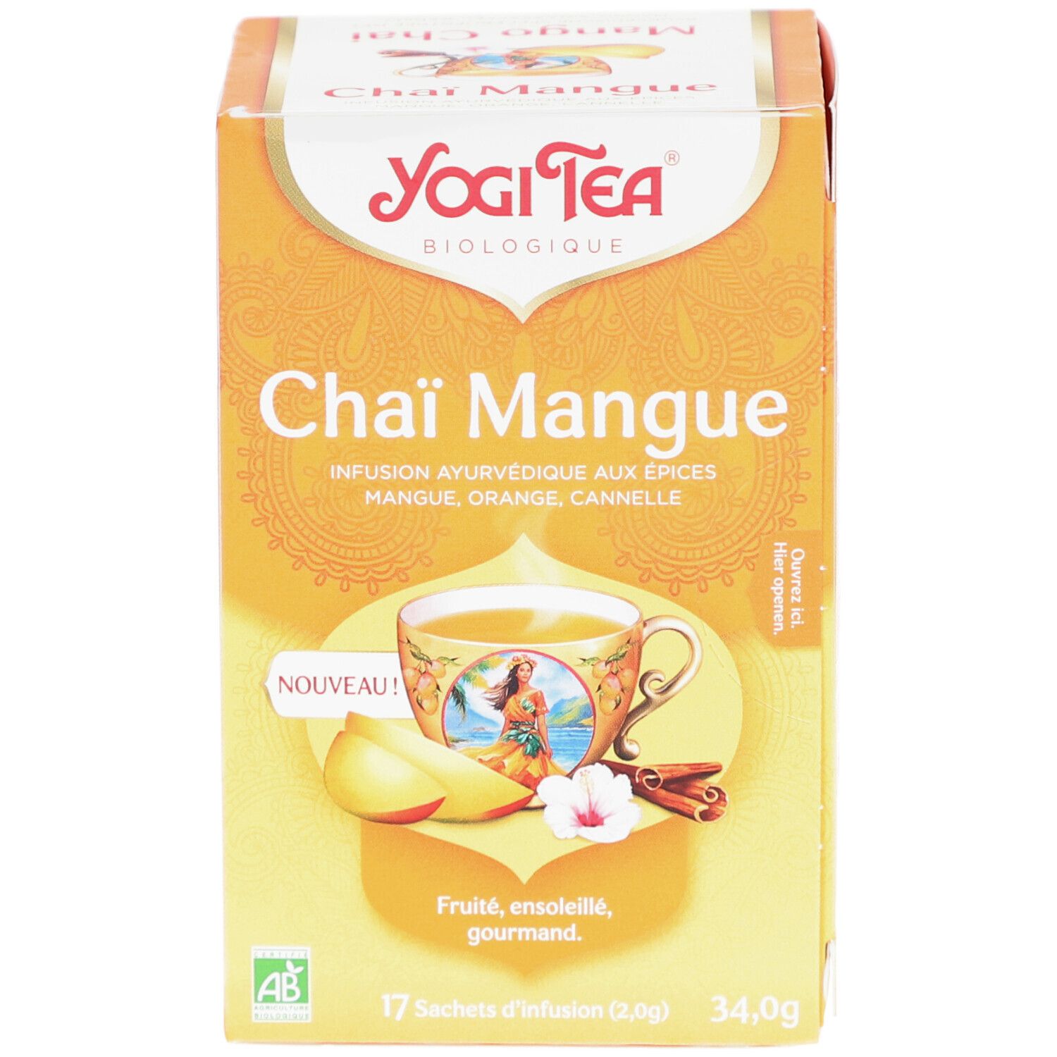 Yogi Tee Chai Mangue Bio-Verpackung. Enthält 17 Teebeutel. Mit Mango, Orange und Zimt. AB-Bio-Zertifizierung.