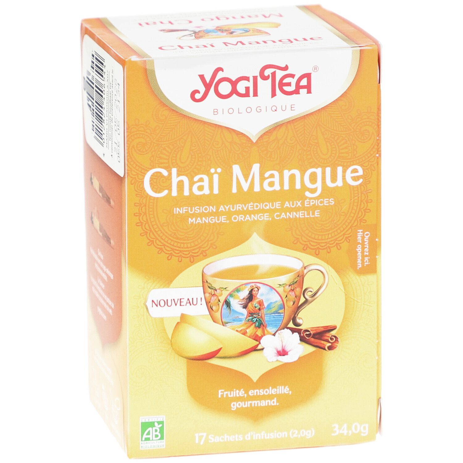 Yogi Tee Chai Mangue Bio-Verpackung. Enthält 17 Teebeutel. Mit Mango, Orange und Zimt. AB-Bio-Zertifizierung.