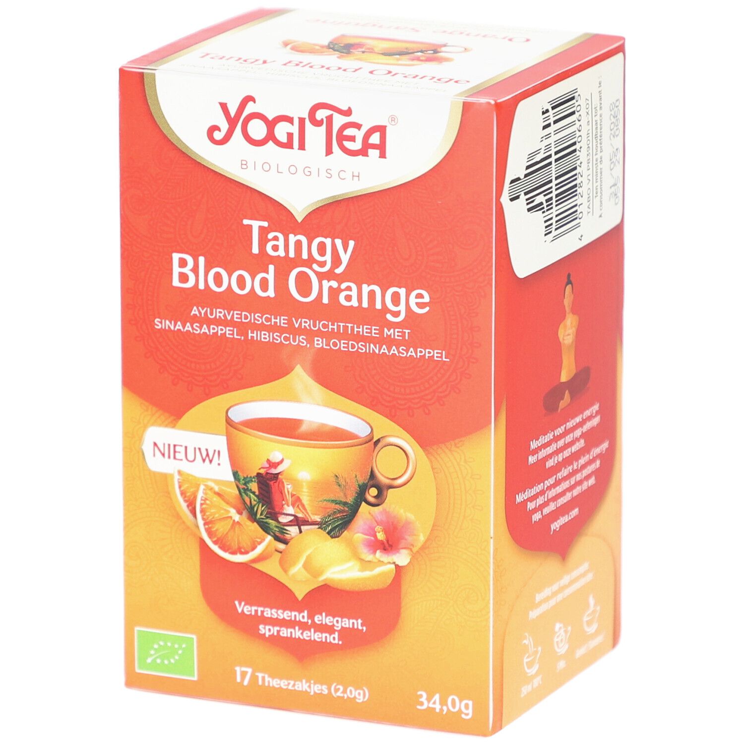 Verpackung von Yogi Tee. Aufdruck: Tangy Blood Orange, 17 Teebeutel, Bio-Siegel. Abbildung einer Tasse Tee mit Orangen.