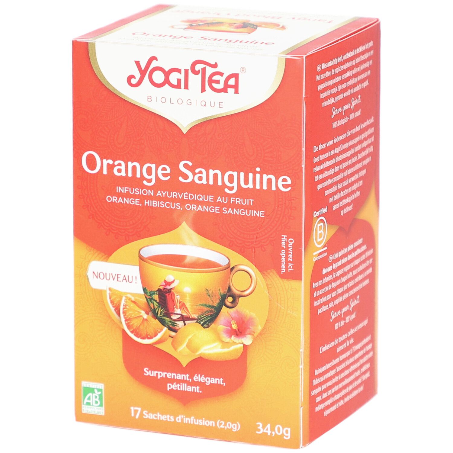 Yogi Tee Verpackung. Aufdruck: Orange Sanguine, 17 Teebeutel, Bio-Siegel. Abbildung einer Tasse Tee mit Orangen.