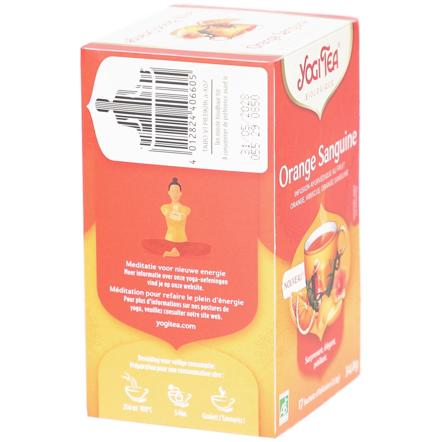 Rückseite der Yogi Tee Verpackung. Text in mehreren Sprachen. Bio-Siegel. Abbildung einer Person in Yoga-Pose.