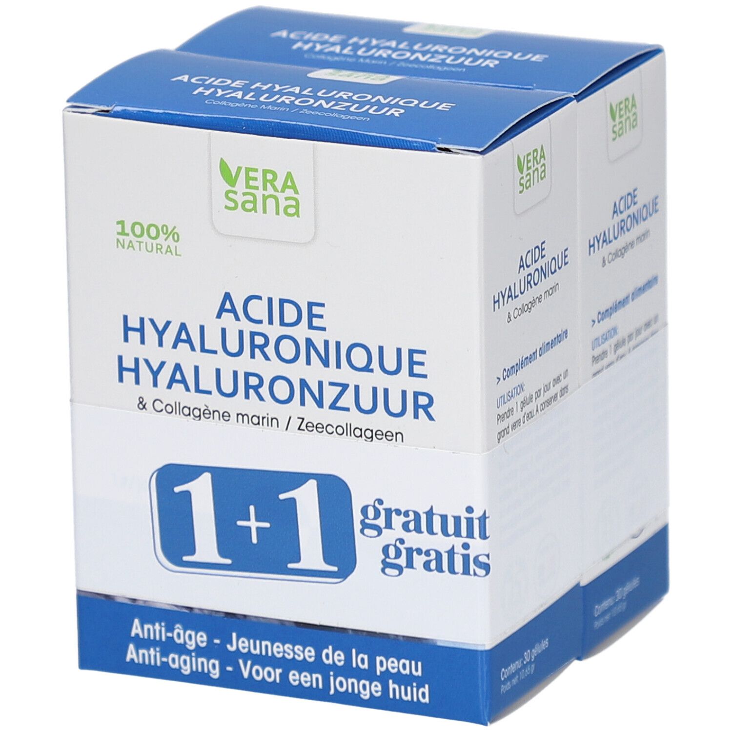 Zwei Produktboxen mit Aufschrift 'Acide Hyaluronique' und '1+1 gratis'. Marke: Vera Sana.
