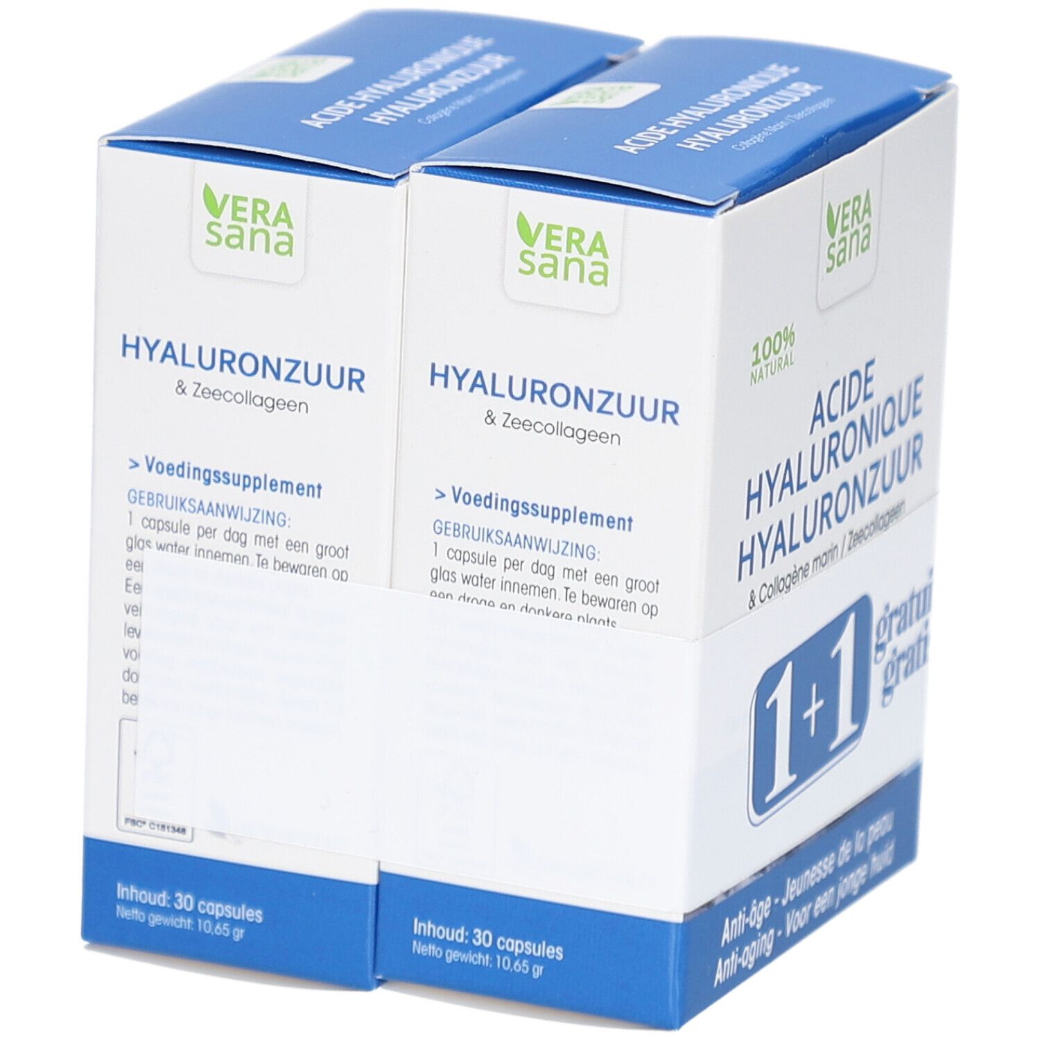 Zwei Produktboxen mit 'Hyaluronzuur' und 'Voedingssupplement'. Enthält 30 Kapseln.