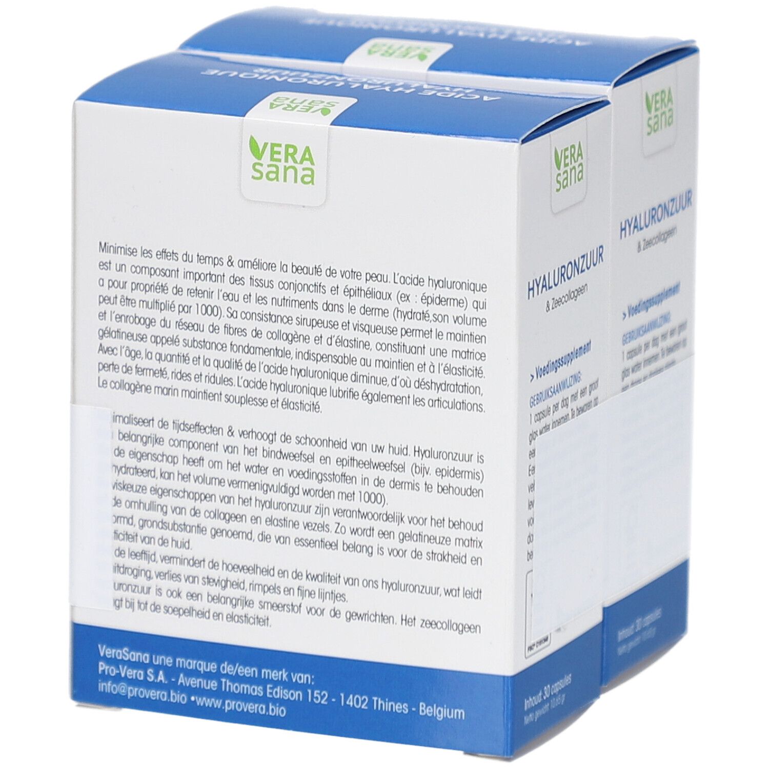 Produktbox mit Text über Hyaluronsäure und Meereskollagen. Marke: Vera Sana.