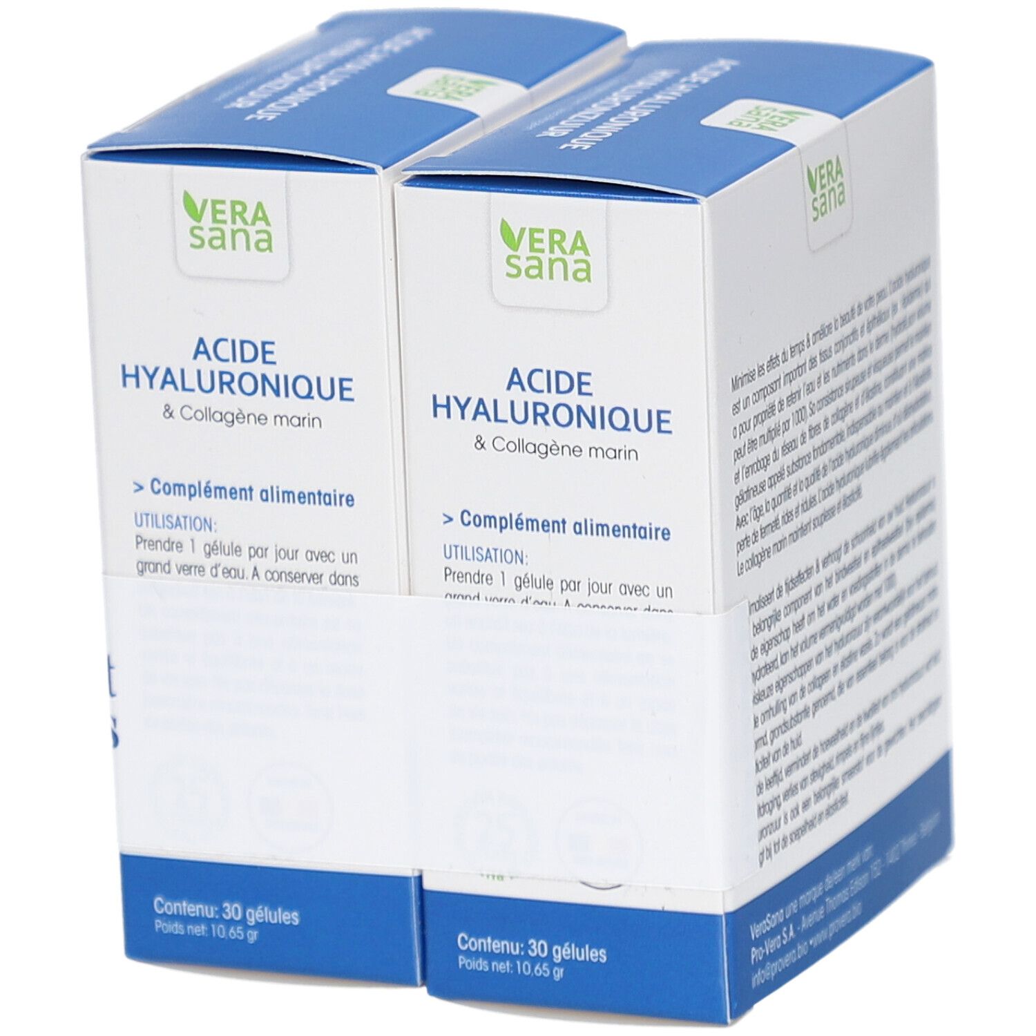 Zwei Produktboxen mit 'Acide Hyaluronique' und 'Complément alimentaire'.