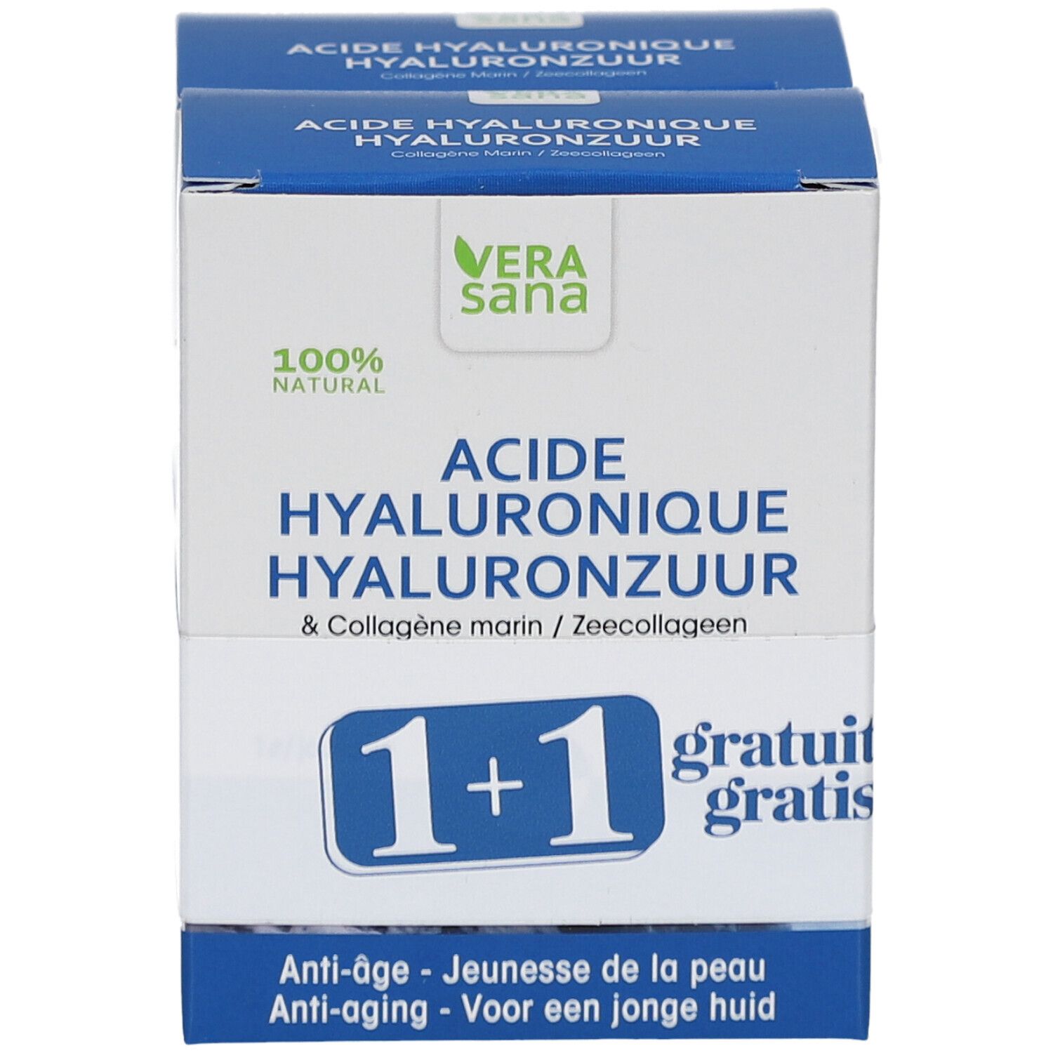 Zwei Produktboxen mit 'Acide Hyaluronique' und '1+1 gratis'. Marke: Vera Sana.