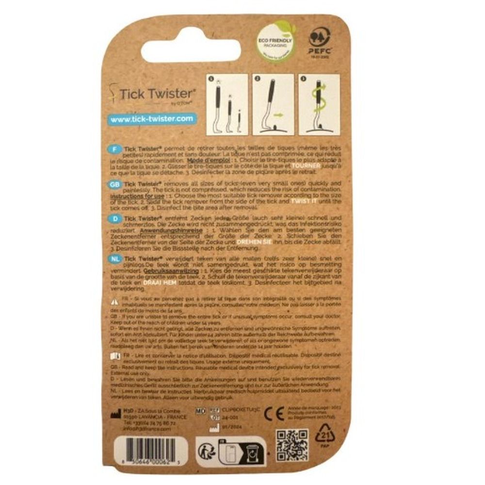 Rückseite der Tick Twister® Verpackung mit Anwendungsanleitung und Umweltzertifikaten.