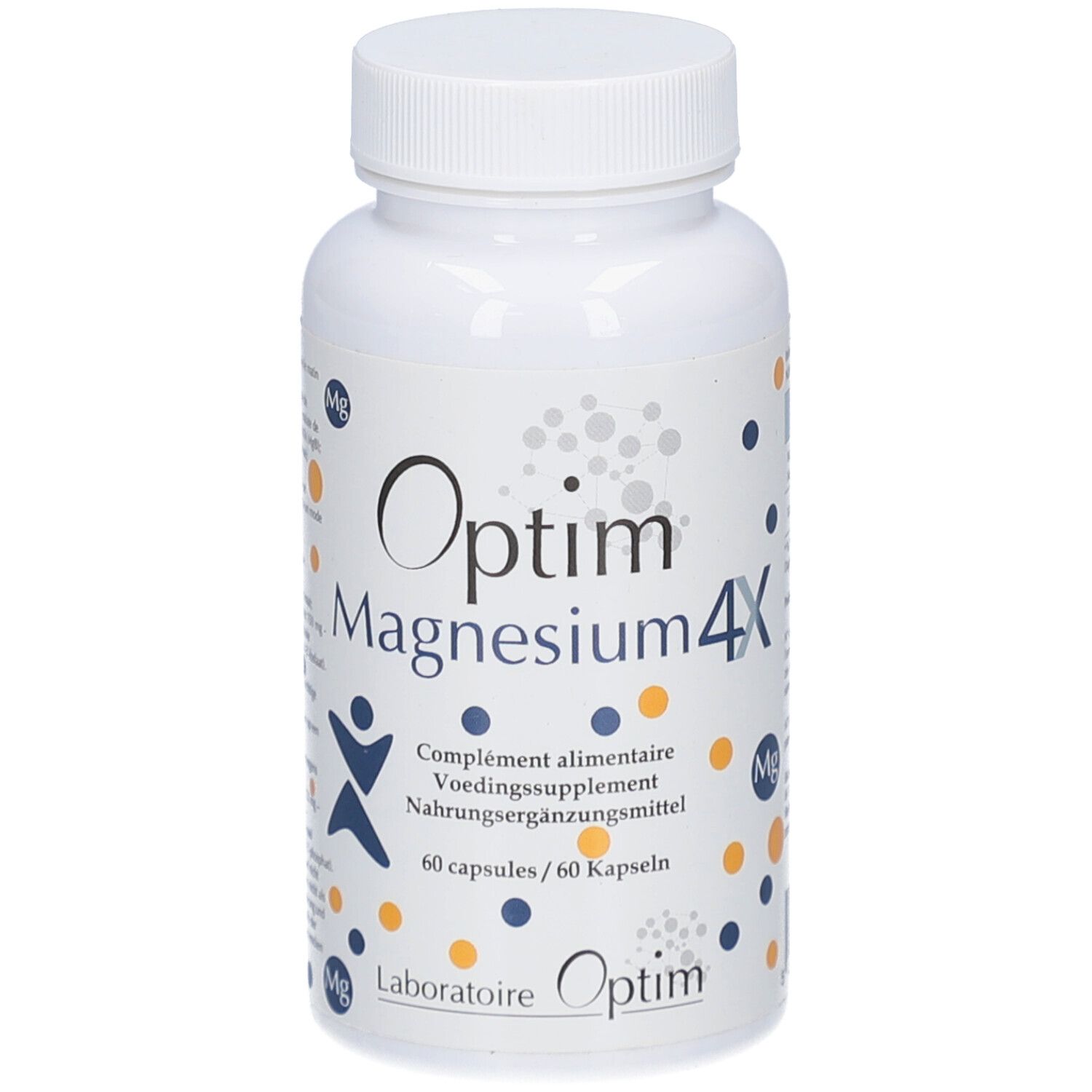 Weiße Flasche mit Kapseln. Aufschrift: Optim Magnesium 4X. 60 Kapseln. Laboratoire Optim.