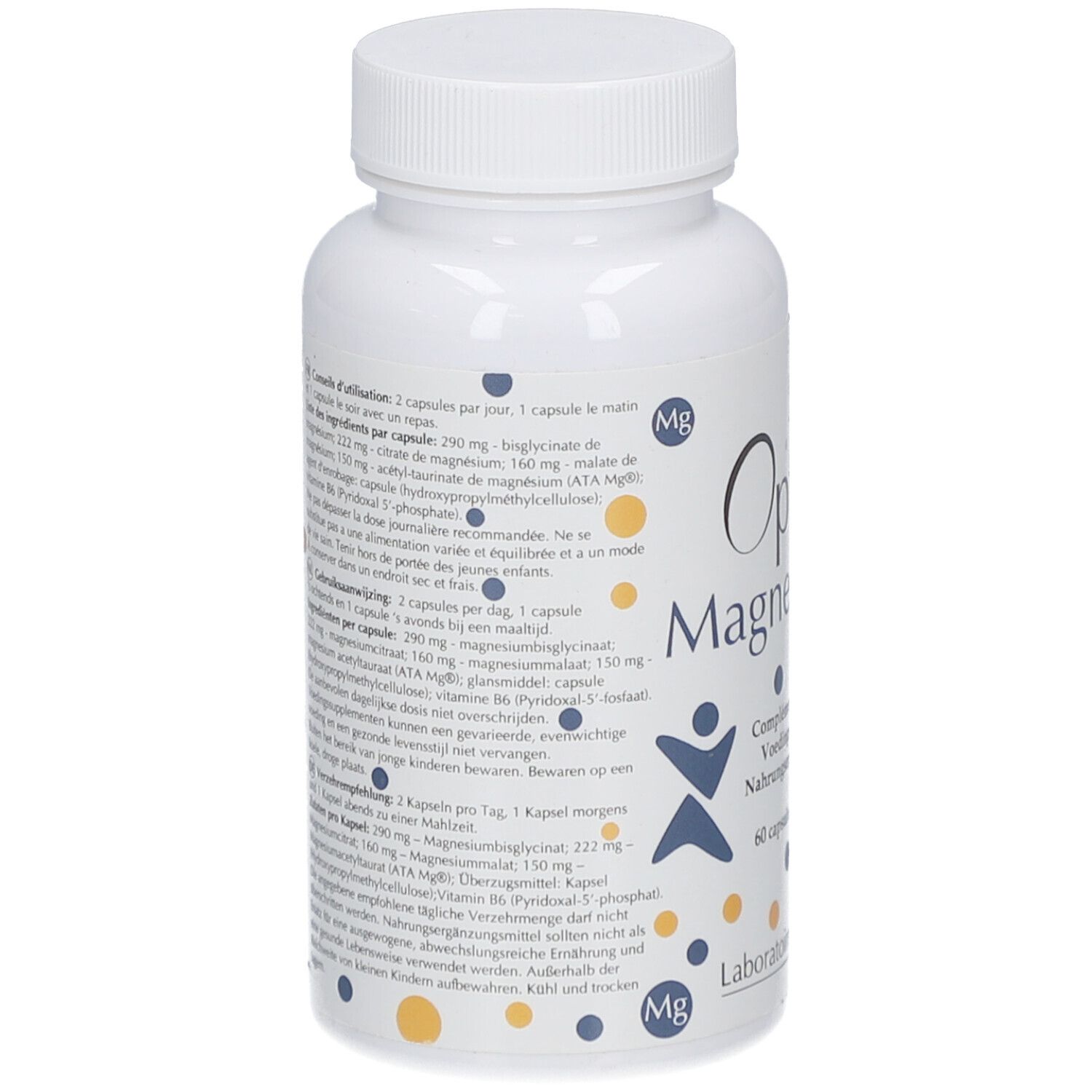 Rückseite der weißen Flasche. Text in Deutsch, Französisch, Niederländisch. Inhaltsstoffe und Dosierung.