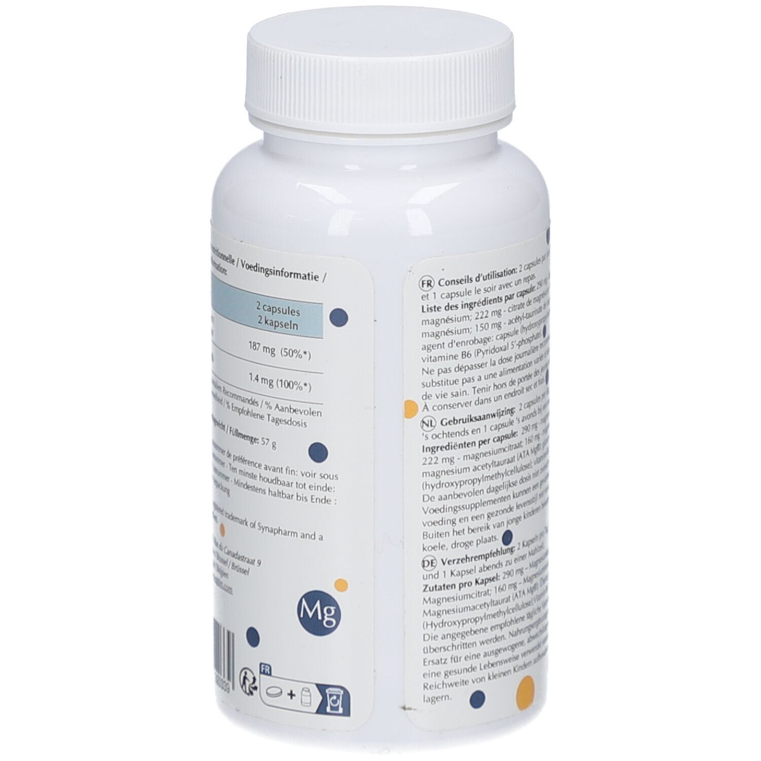 Rückseite der weißen Flasche. Text in Deutsch, Französisch, Niederländisch. Nährwertinformationen.