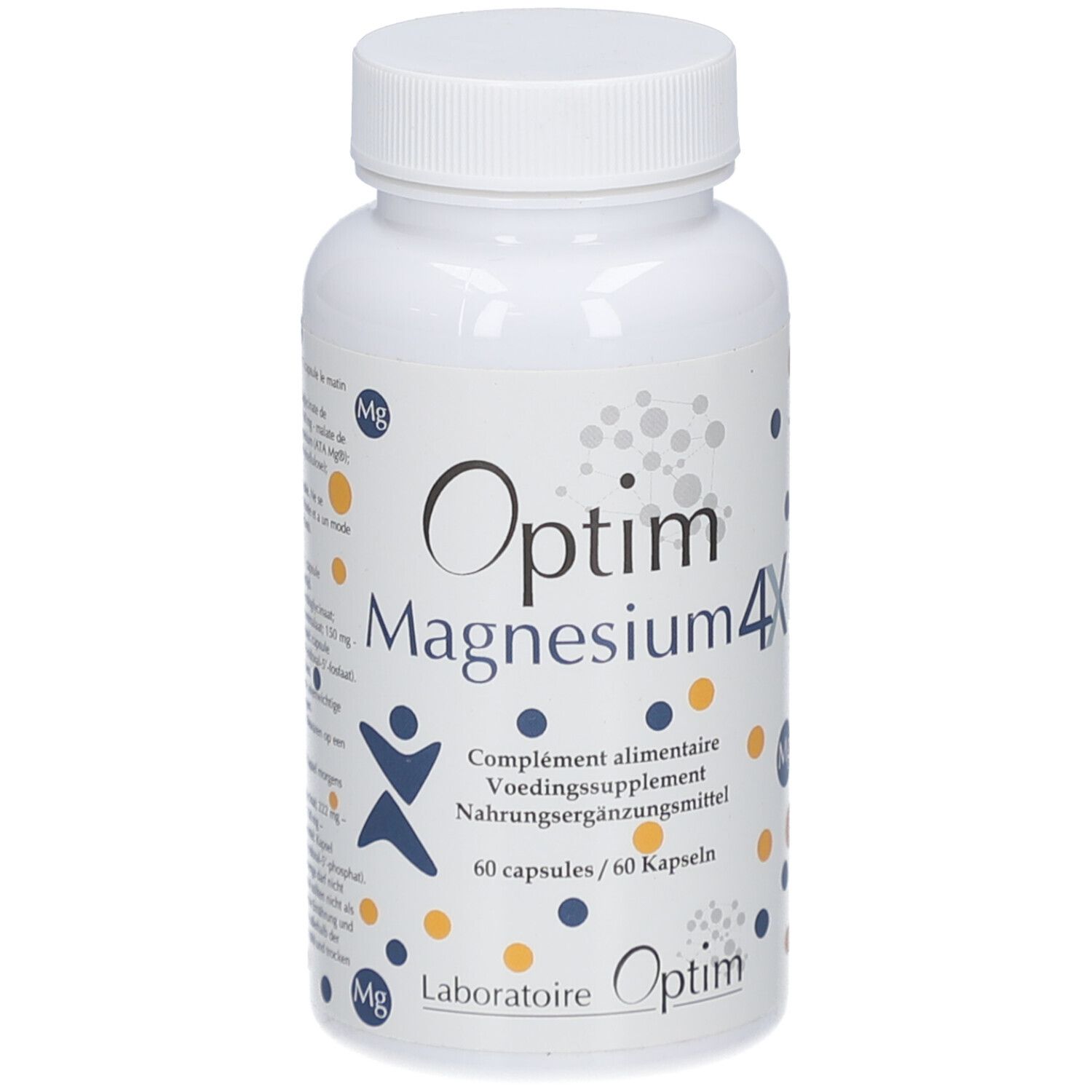 Weiße Flasche mit Kapseln. Aufschrift: Optim Magnesium 4X. 60 Kapseln. Laboratoire Optim.