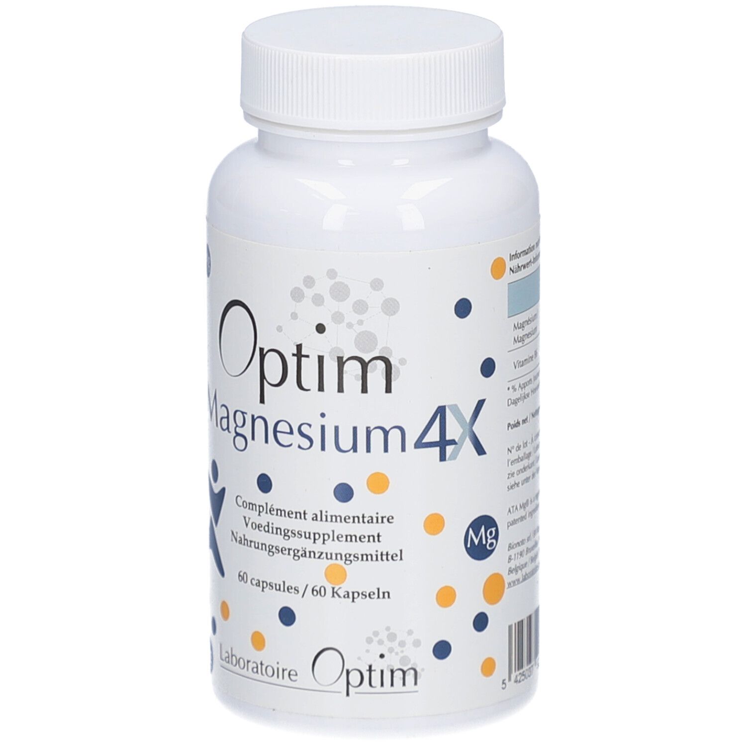 Weiße Flasche mit Kapseln. Aufschrift: Optim Magnesium 4X. 60 Kapseln. Laboratoire Optim.