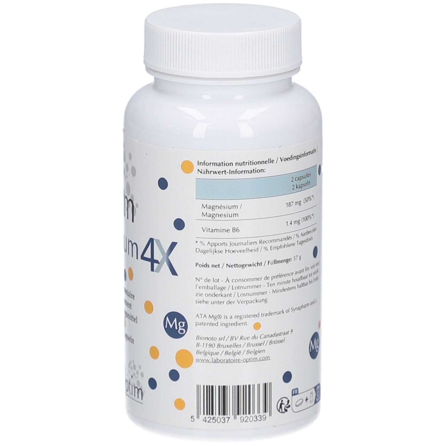 Rückseite der weißen Flasche. Text in Deutsch, Französisch, Niederländisch. Nährwertinformationen.