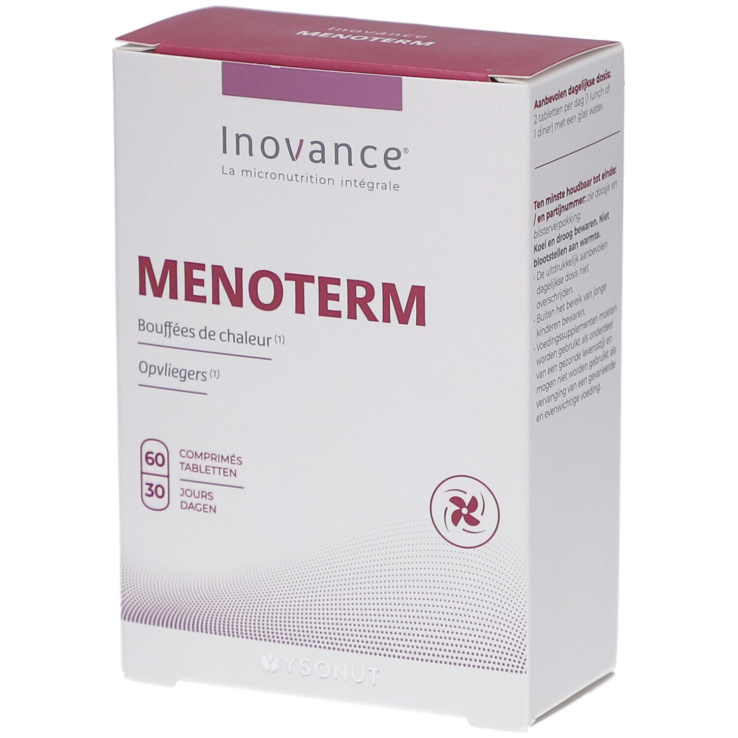 Schachtel mit Inovance Menoterm Tabletten. Aufschrift: Menoterm, 60 Tabletten, 30 Tage. Logo und Produktnamen.