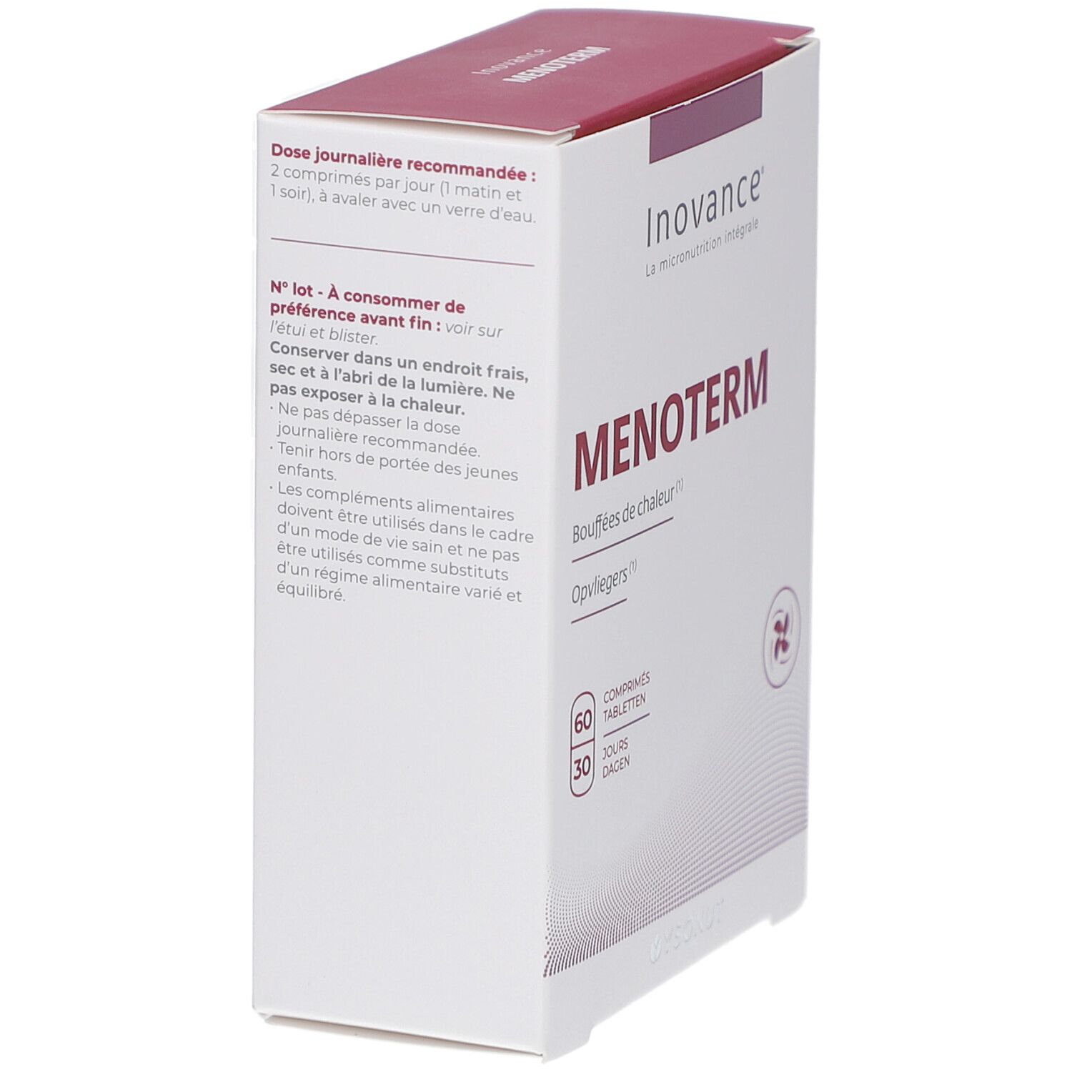Schachtel Inovance Menoterm, Seitenansicht. Text: Menoterm, Dosierung, Aufbewahrungshinweise. Logo und Produktnamen.
