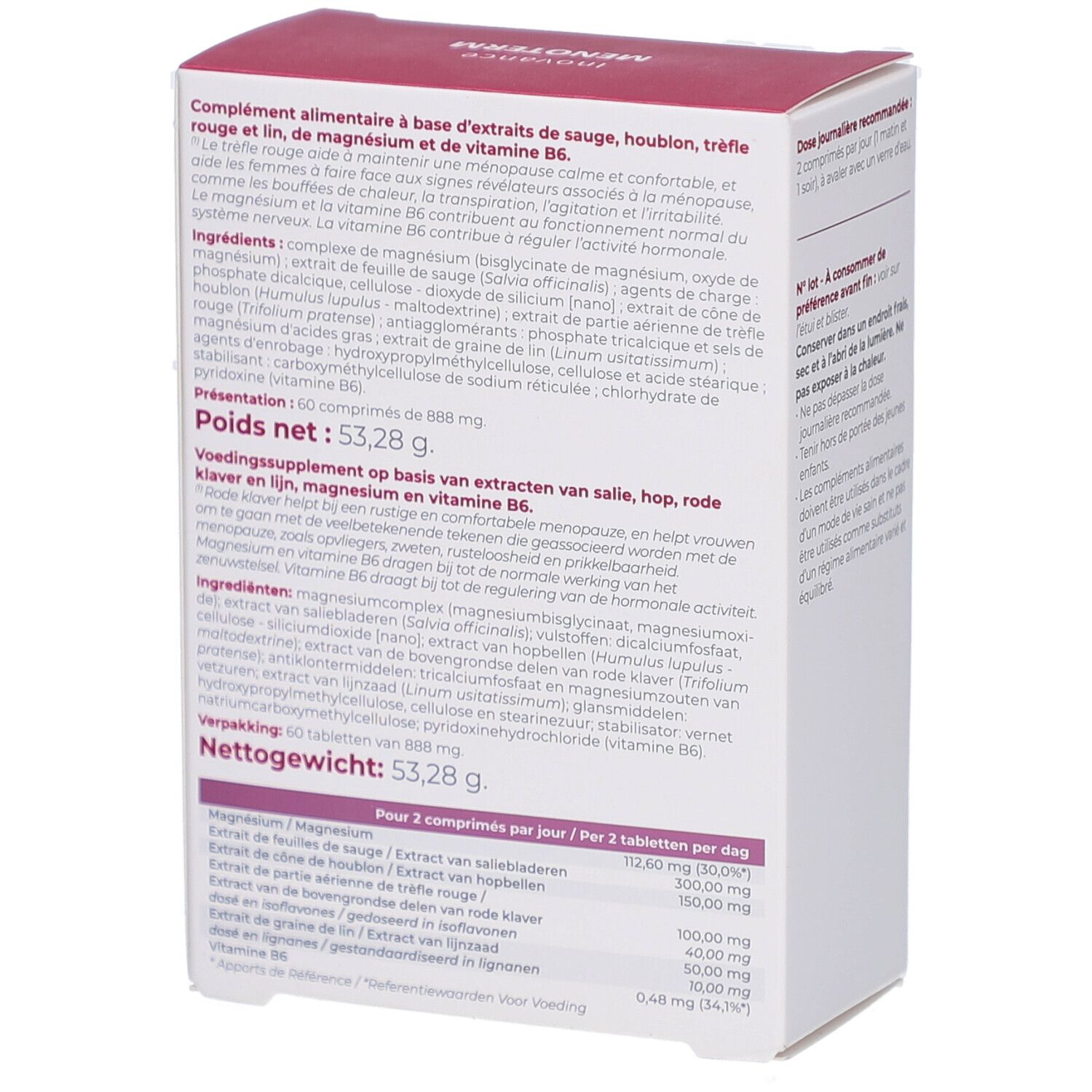 Rückseite der Schachtel Inovance Menoterm. Text: Inhaltsstoffe, Nährwertangaben, Nettogewicht. Logo und Produktnamen.