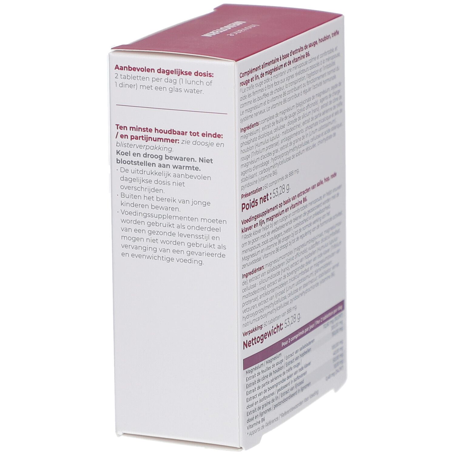 Schachtel Inovance Menoterm, Rückseite. Text: Dosierung, Haltbarkeit, Lagerung. Logo und Produktnamen.