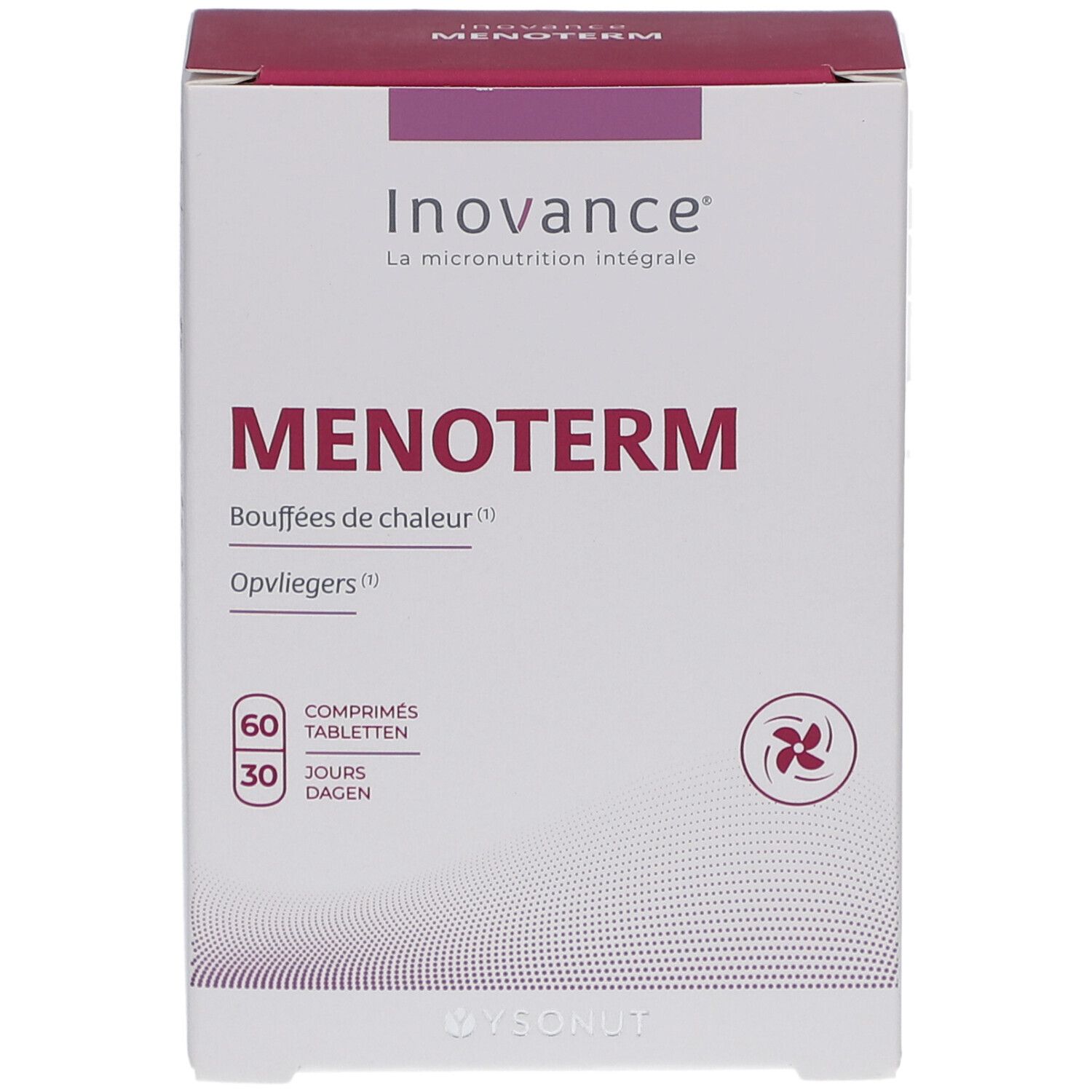 Schachtel Inovance Menoterm. Aufschrift: Menoterm, 60 Tabletten, 30 Tage. Logo und Produktnamen.
