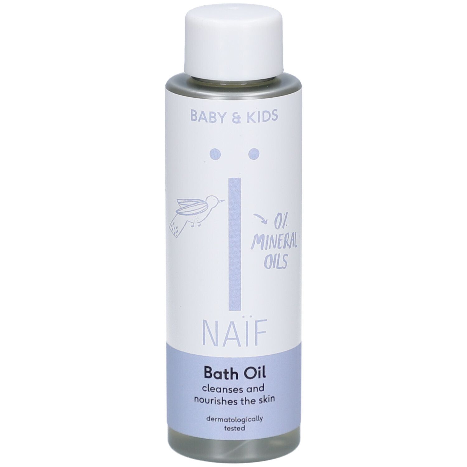 Flacon d'huile de bain Naïf. Bouchon blanc, texte bleu clair. Contient 0% d'huiles minérales. Testé dermatologiquement.