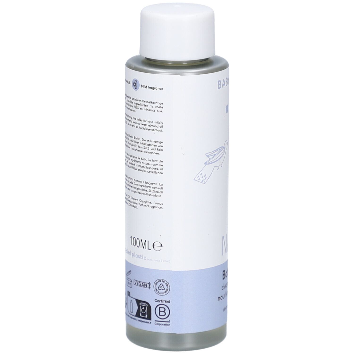 Dos du flacon d'huile de bain Naïf. Contient 100 ml. Avec certifications et ingrédients. Fabriqué à partir de plastique recyclé.