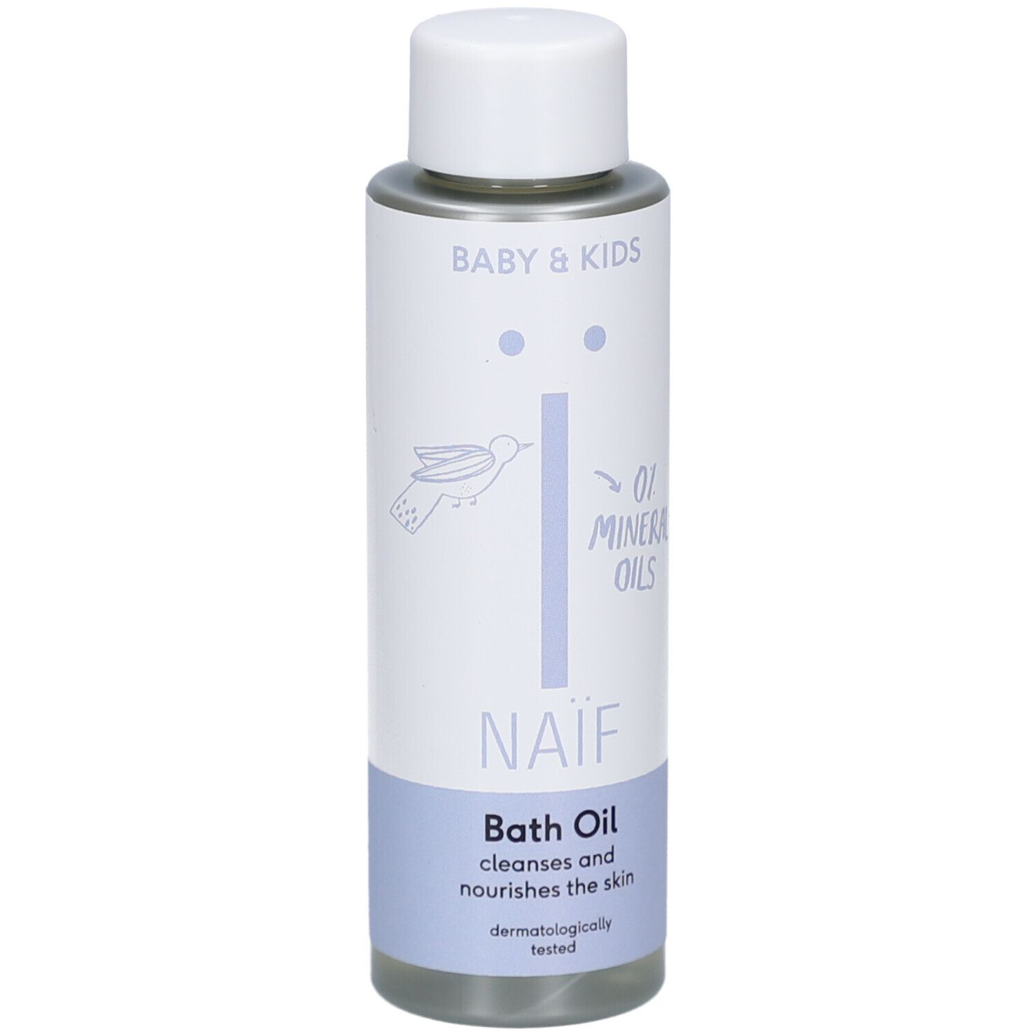 Flacon d'huile de bain Naïf. Bouchon blanc, texte bleu clair. Contient 0% d'huiles minérales. Testé dermatologiquement.