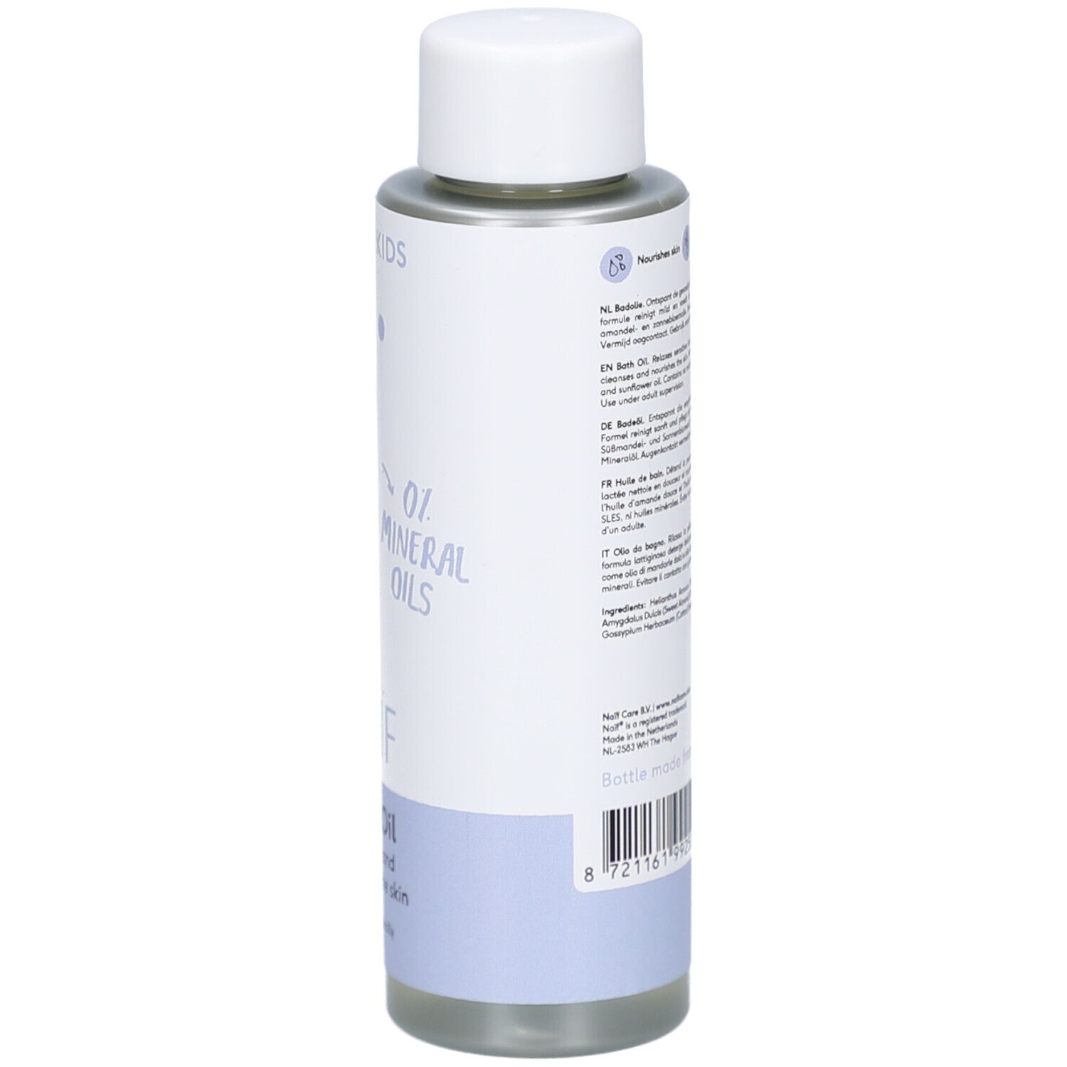 Dos du flacon d'huile de bain Naïf. Contient 100 ml. Avec certifications et ingrédients. Fabriqué à partir de plastique recyclé.