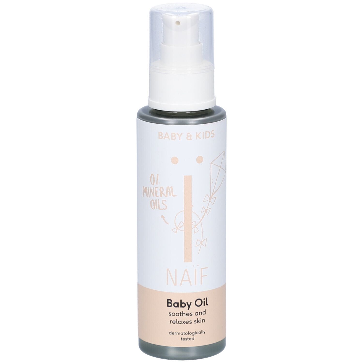 Flasche Naïf Baby Oil mit Pumpverschluss. Aufschrift: Baby Oil, 0% Mineralöle. Dermatologisch getestet.