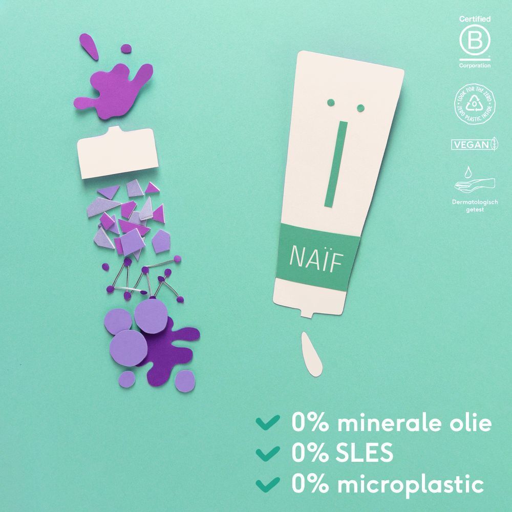 Représentation graphique d'un tube Naïf. Inscription : 0% minerale olie, 0% SLES, 0% microplastic.