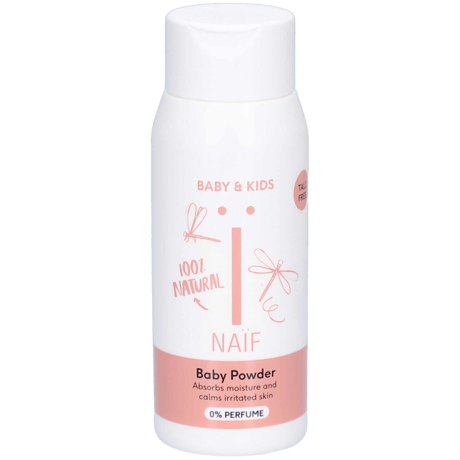 Naïf Baby Powder Flasche. Weiß, mit rosa Band. Aufschrift: Baby & Kids, 100% Natural, Naïf, Baby Powder, 0% Parfum.