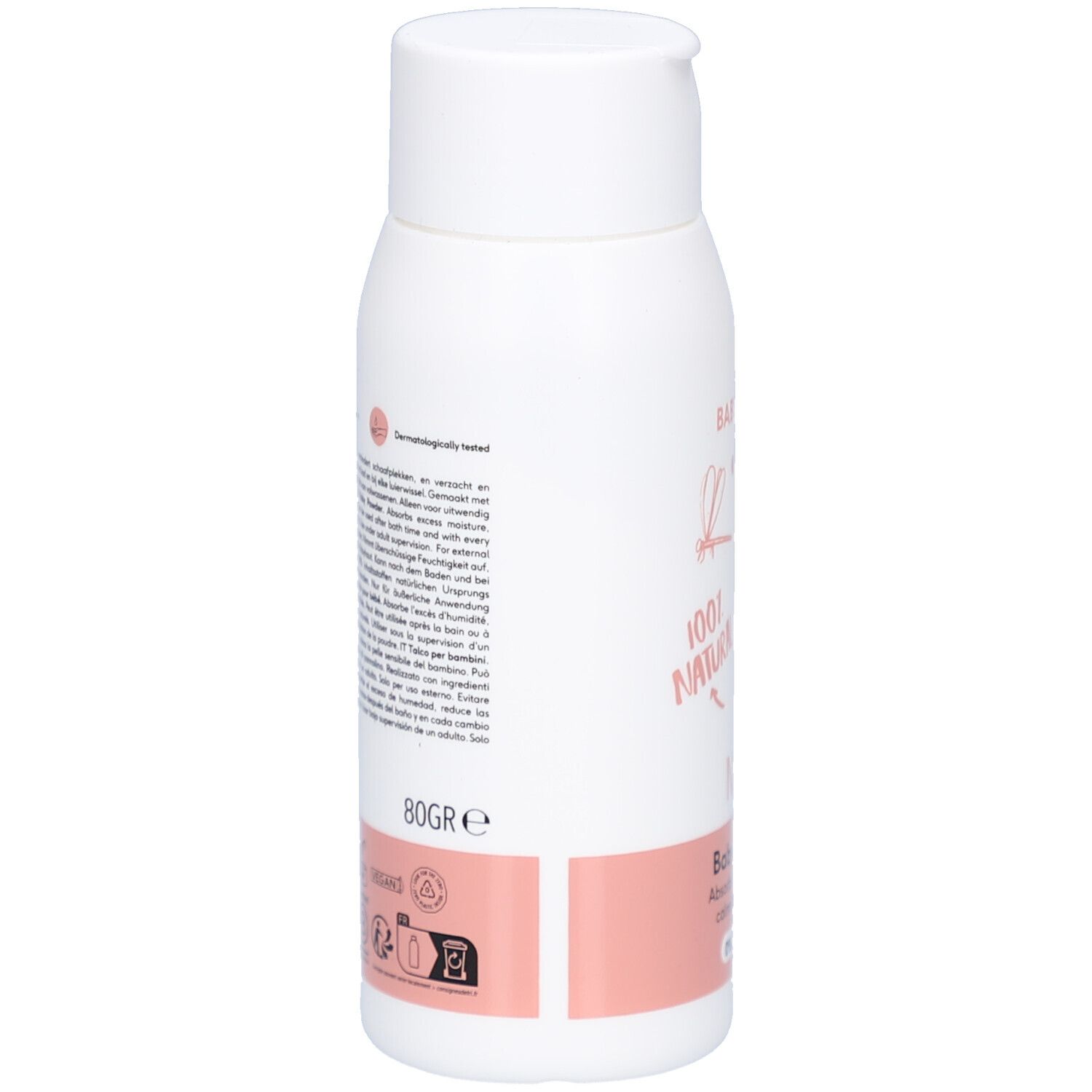 Naïf Baby Powder Flasche. Rückseite, Text. Aufschrift: 80gr, Vegan, Dermatologisch getestet, Inhaltsstoffe.