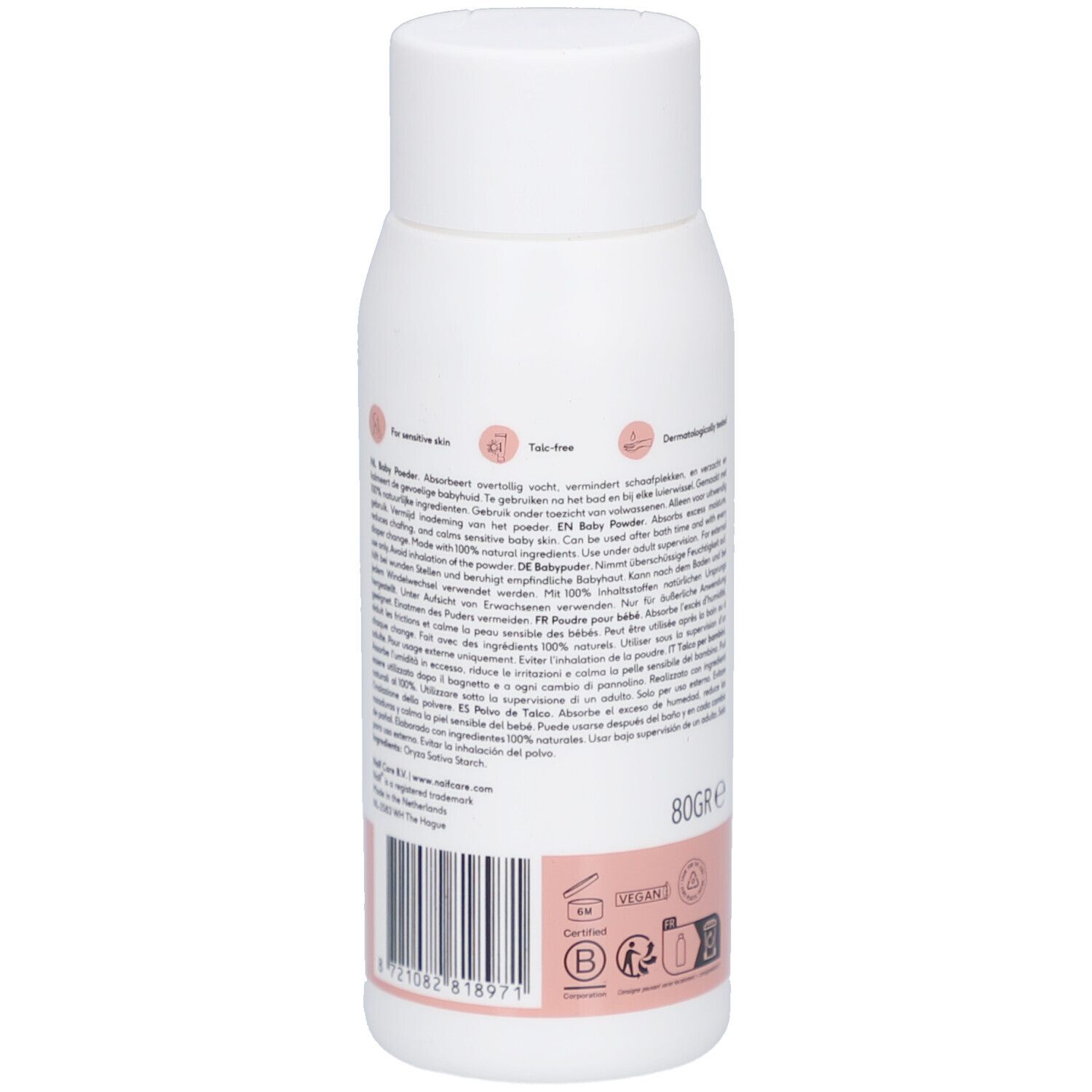 Naïf Baby Powder Flasche. Rückseite, Text. Aufschrift: 80gr, Vegan, Dermatologisch getestet, Inhaltsstoffe.