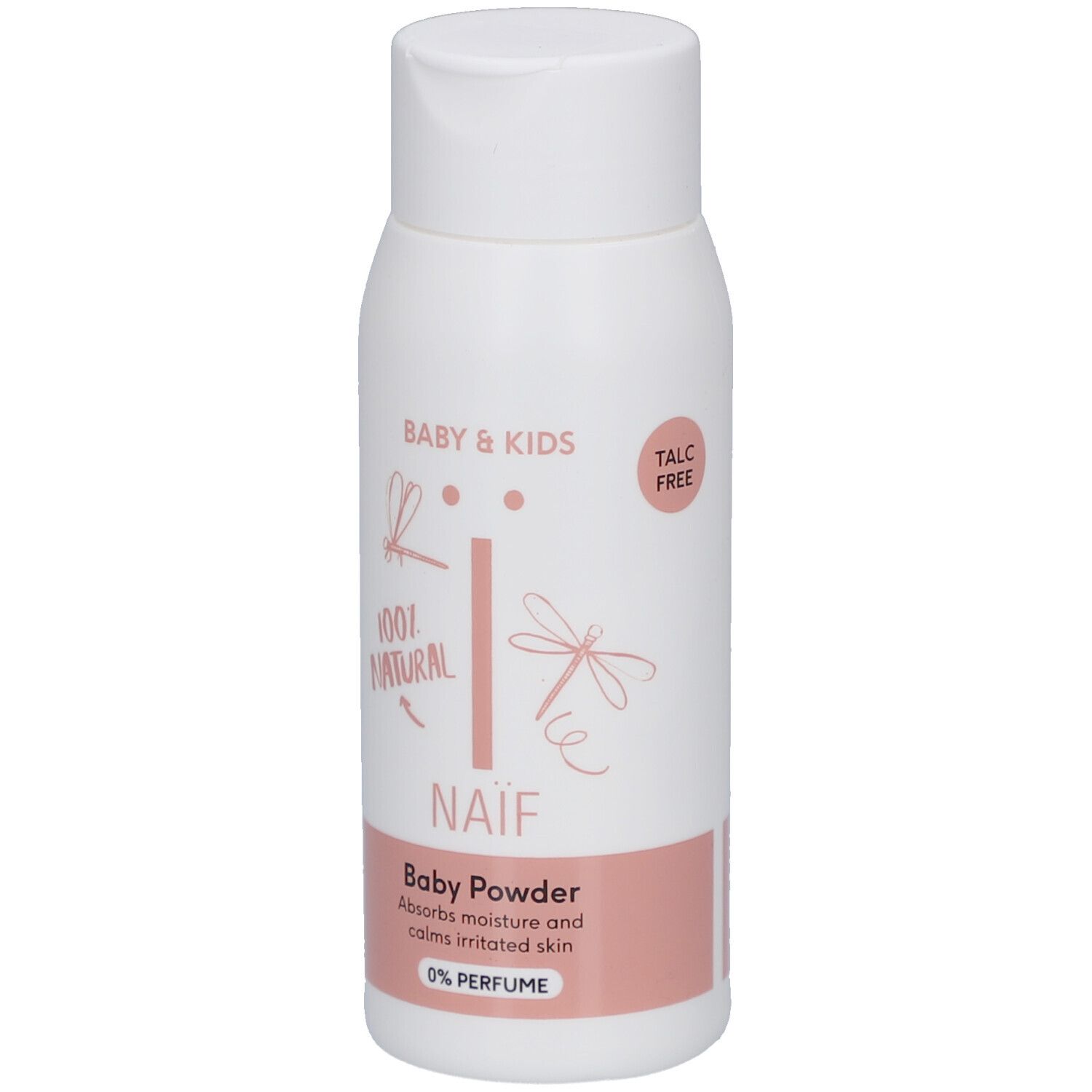 Naïf Baby Powder Flasche. Weiß, mit rosa Band. Aufschrift: Baby & Kids, Talc Free, Naïf, Baby Powder, 0% Parfum.
